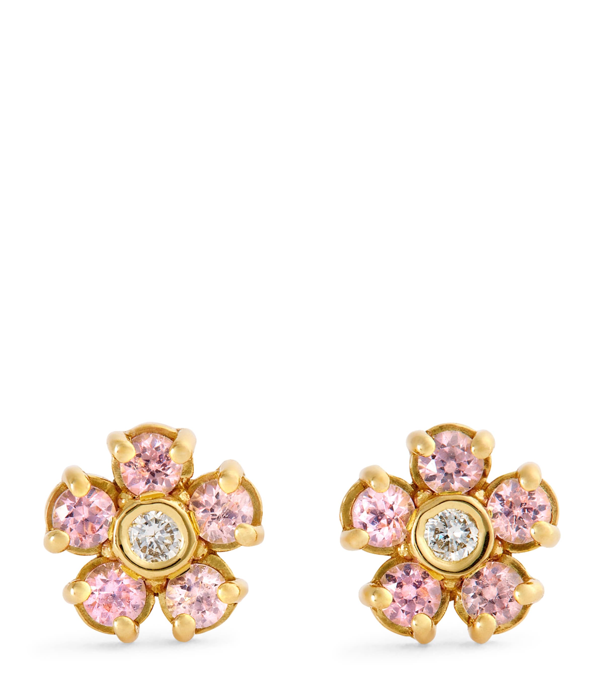 Mini Yellow Gold, Diamond and Pink Sapphire Edith Flower Earrings