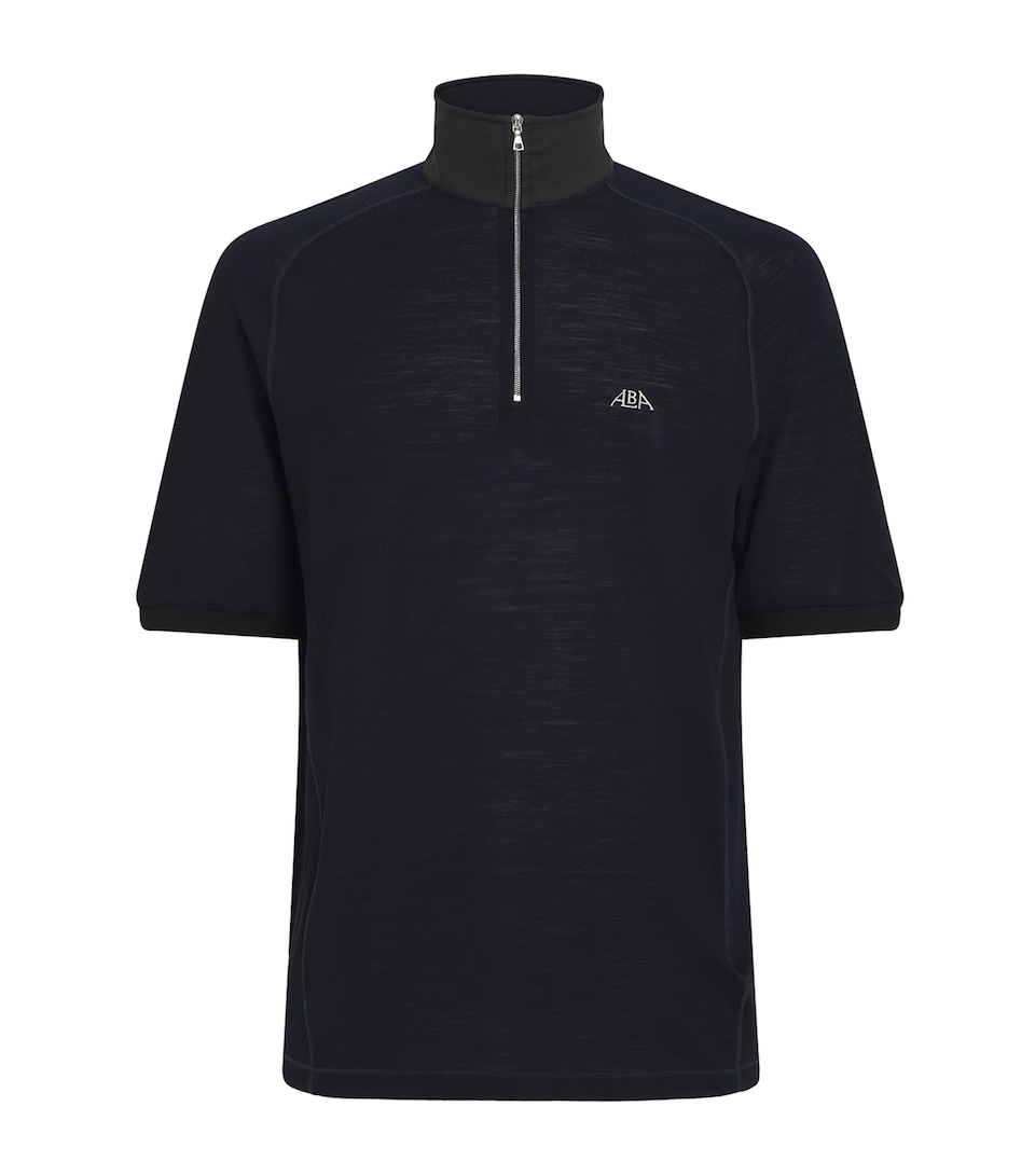 Alba Mens Virgin Wool-Blend Quarter-Zip Polo Shirt Navy Blue