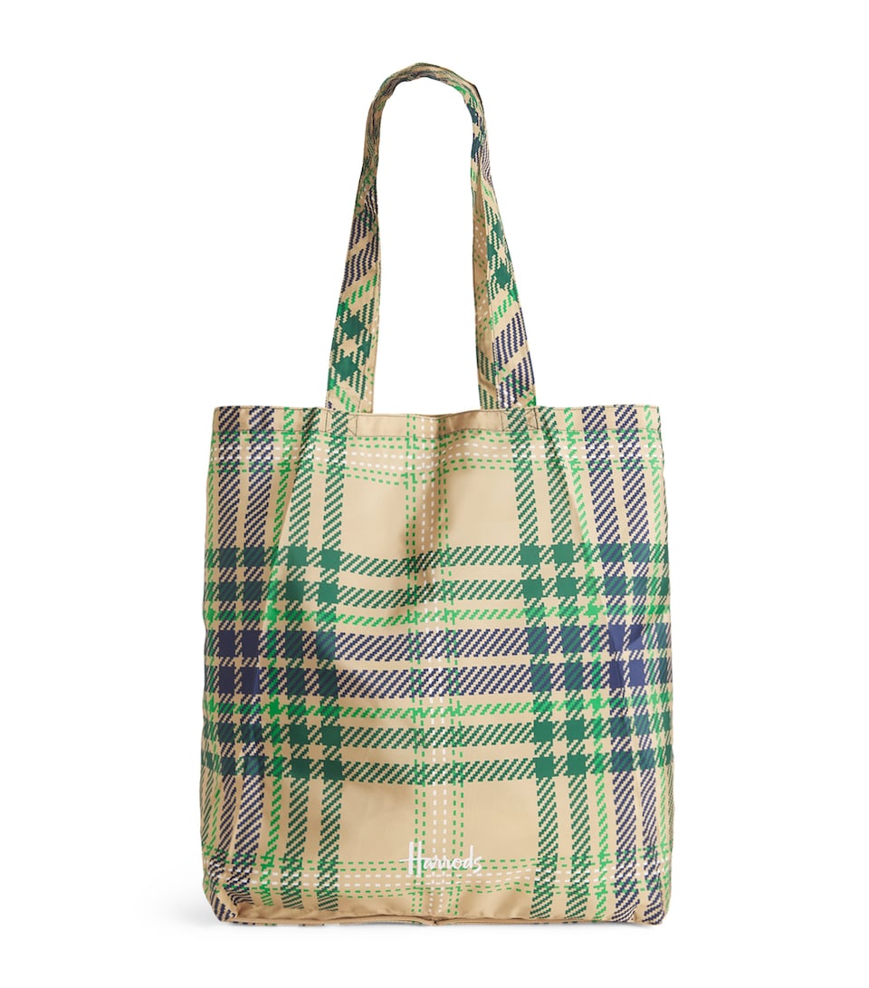 Harrods Tartan Logo Packable Shopper Bag Green
