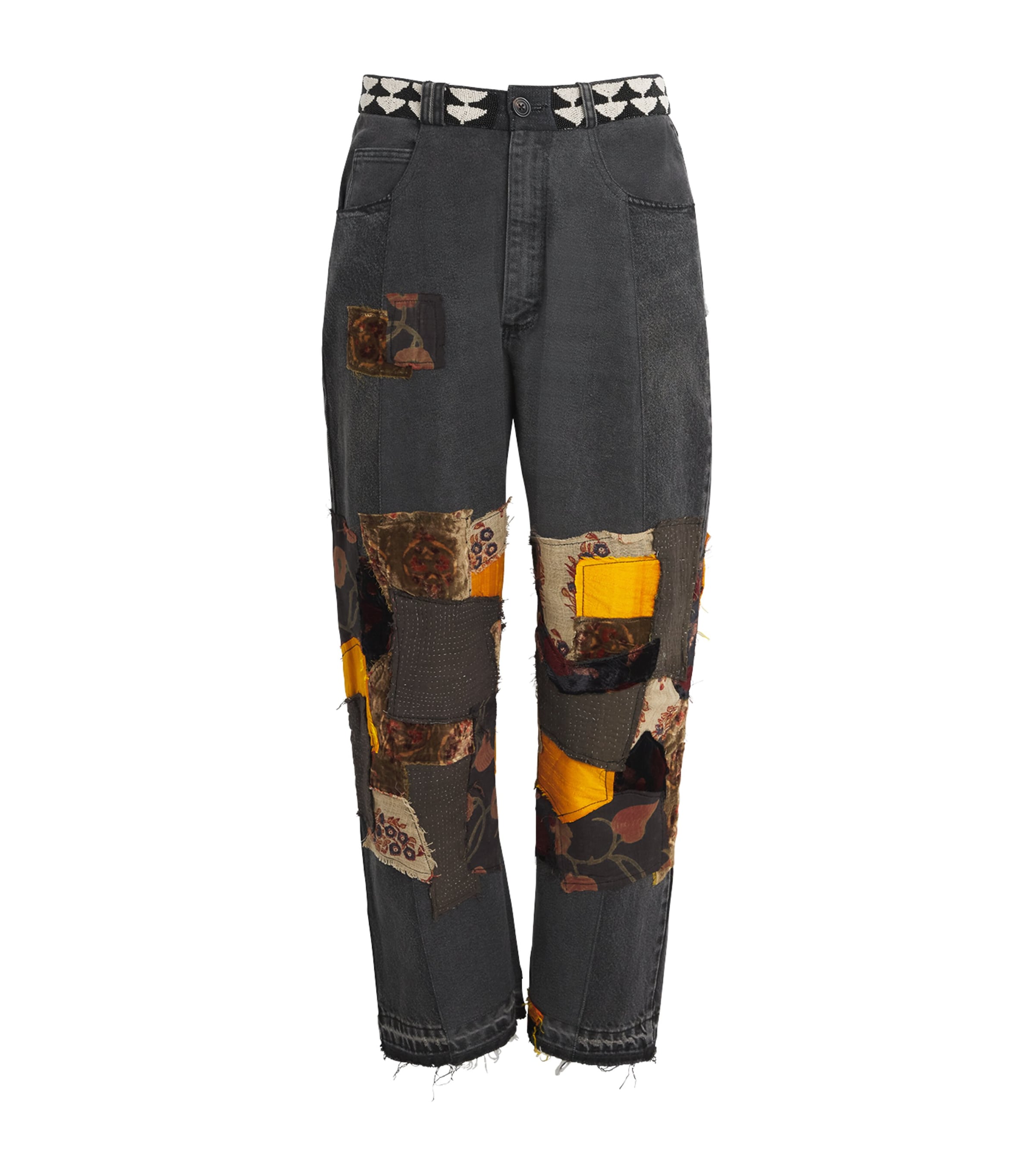 Kartik Research Mens Manali Patchwork Wide-Leg Jeans Black/orange/nvy/red