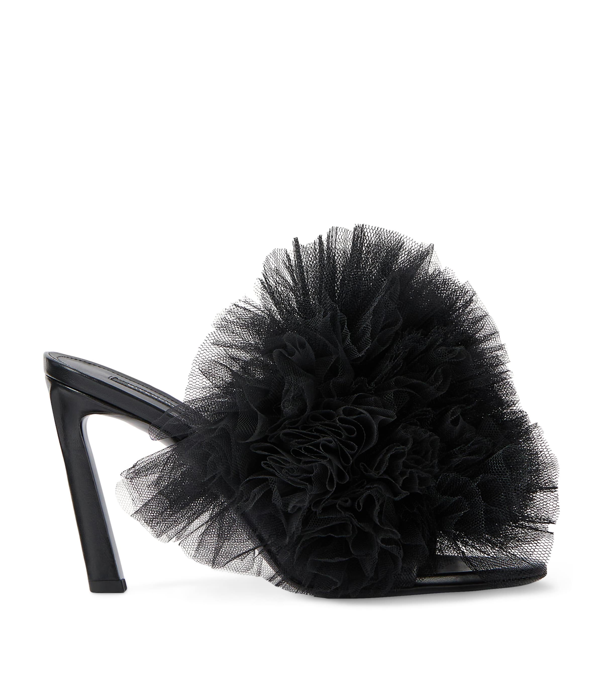 Leather Tulle-Ruffle Heeled Mules 95