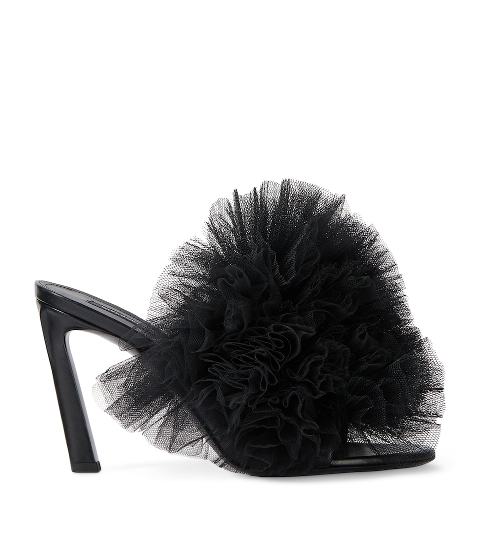 Leather Tulle-Ruffle Heeled Mules 95