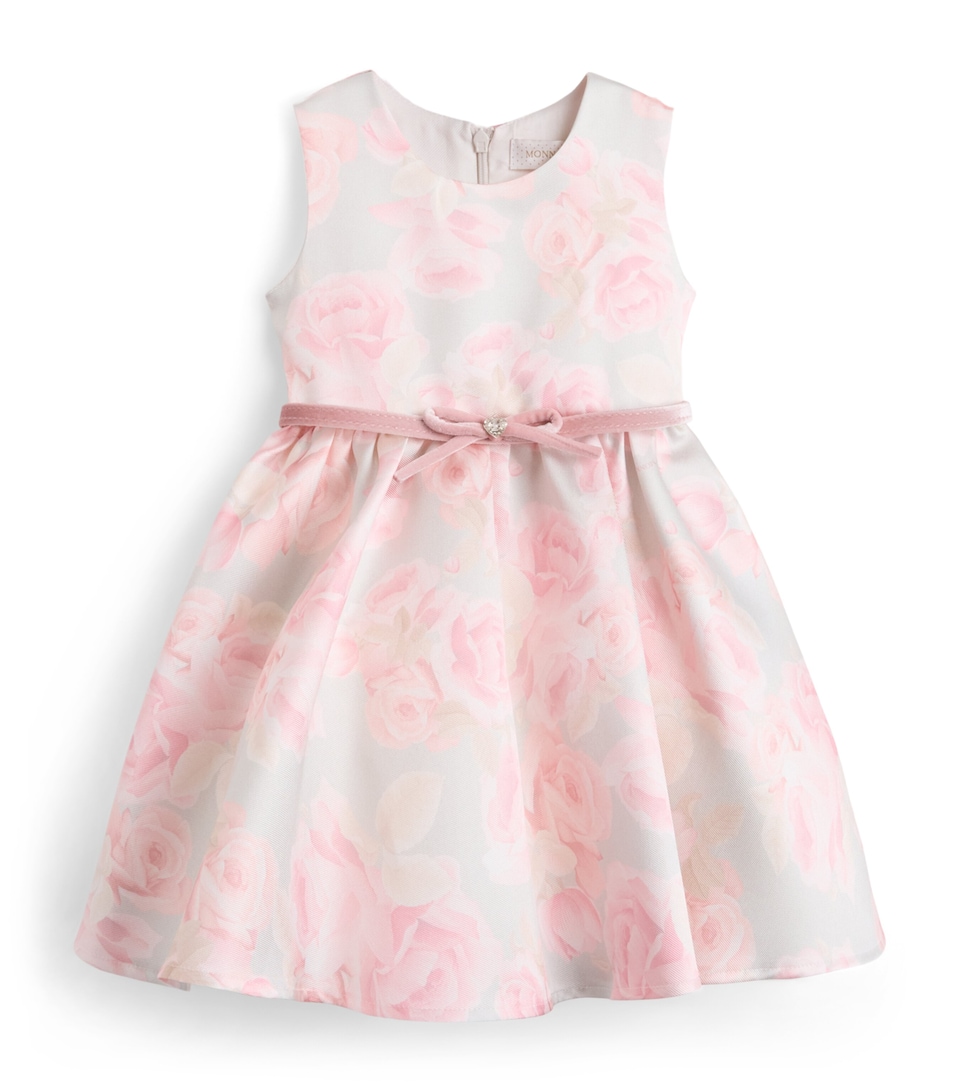 Monnalisa Satin Floral Mikado Dress (9 Months - 3 Years) Grigioperla+rosa