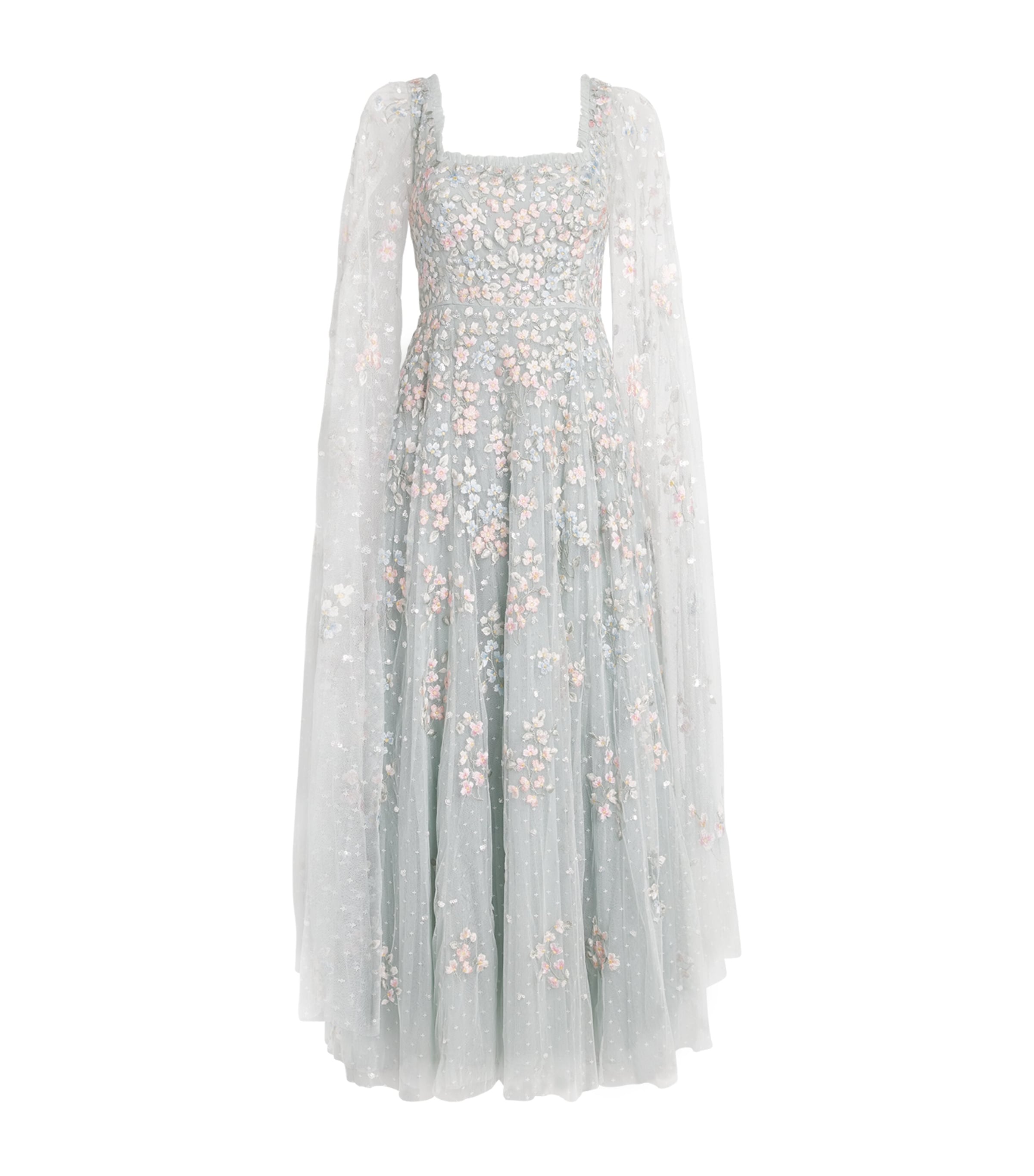 Cape-Sleeve Versailles Ditsy Maxi Dress