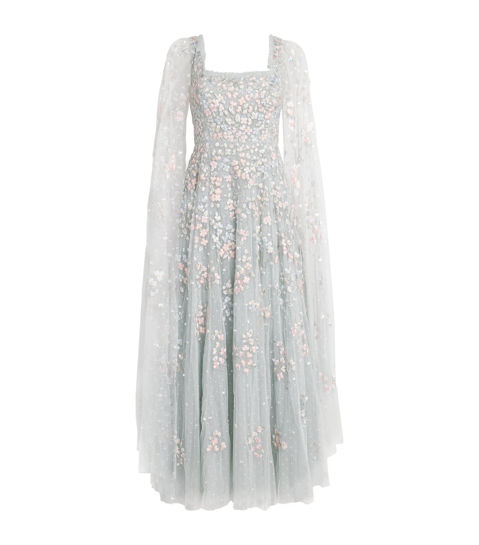 Cape-Sleeve Versailles Ditsy Maxi Dress