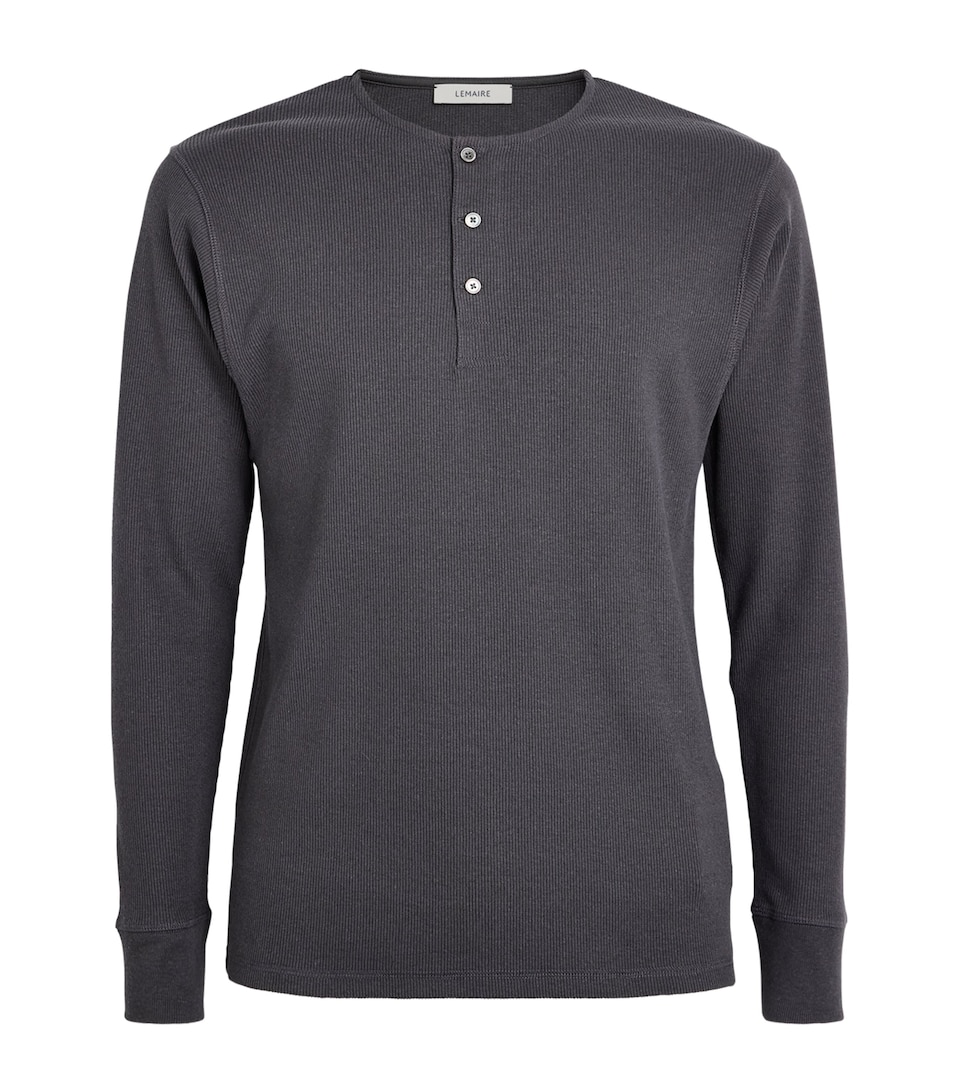 Lemaire Mens Cotton-Linen Rib-Knit Henley T-Shirt Basalt