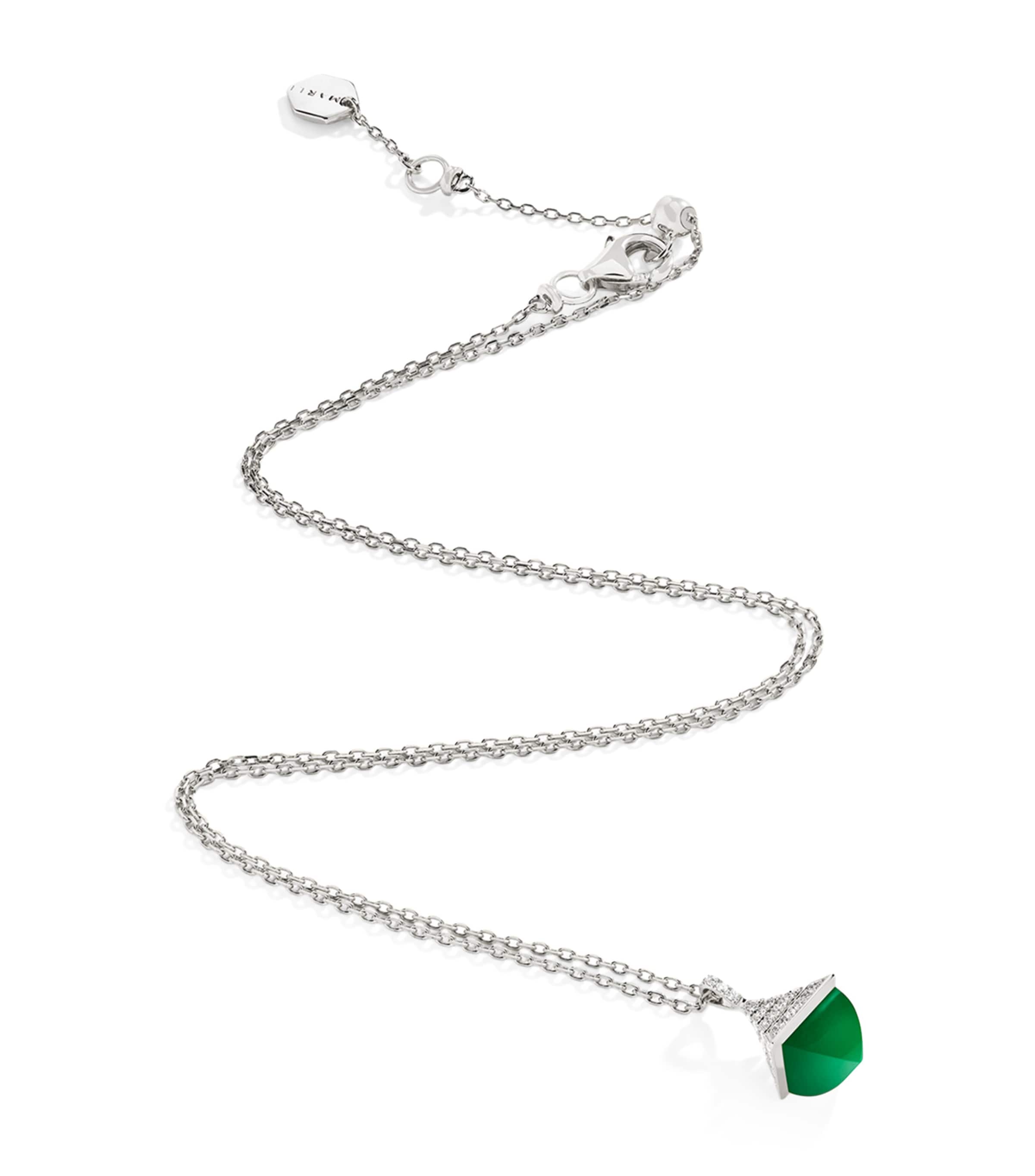 Mini White Gold, Diamond and Green Agate Cleo Rev Pendant Necklace