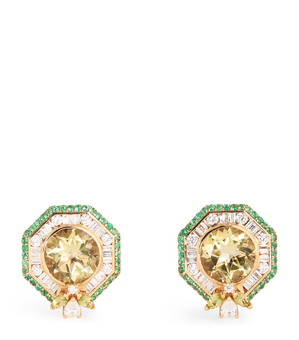 Yellow Gold, Diamond, Emerald and Peridot Honeycomb Bee Earrings