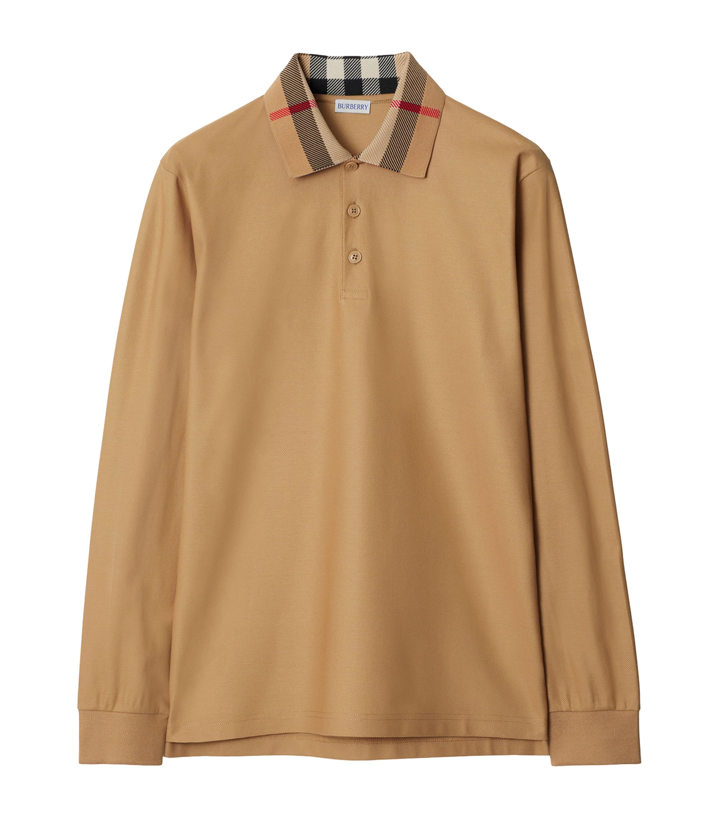Cotton Check-Collar Long-Sleeve Polo Shirt