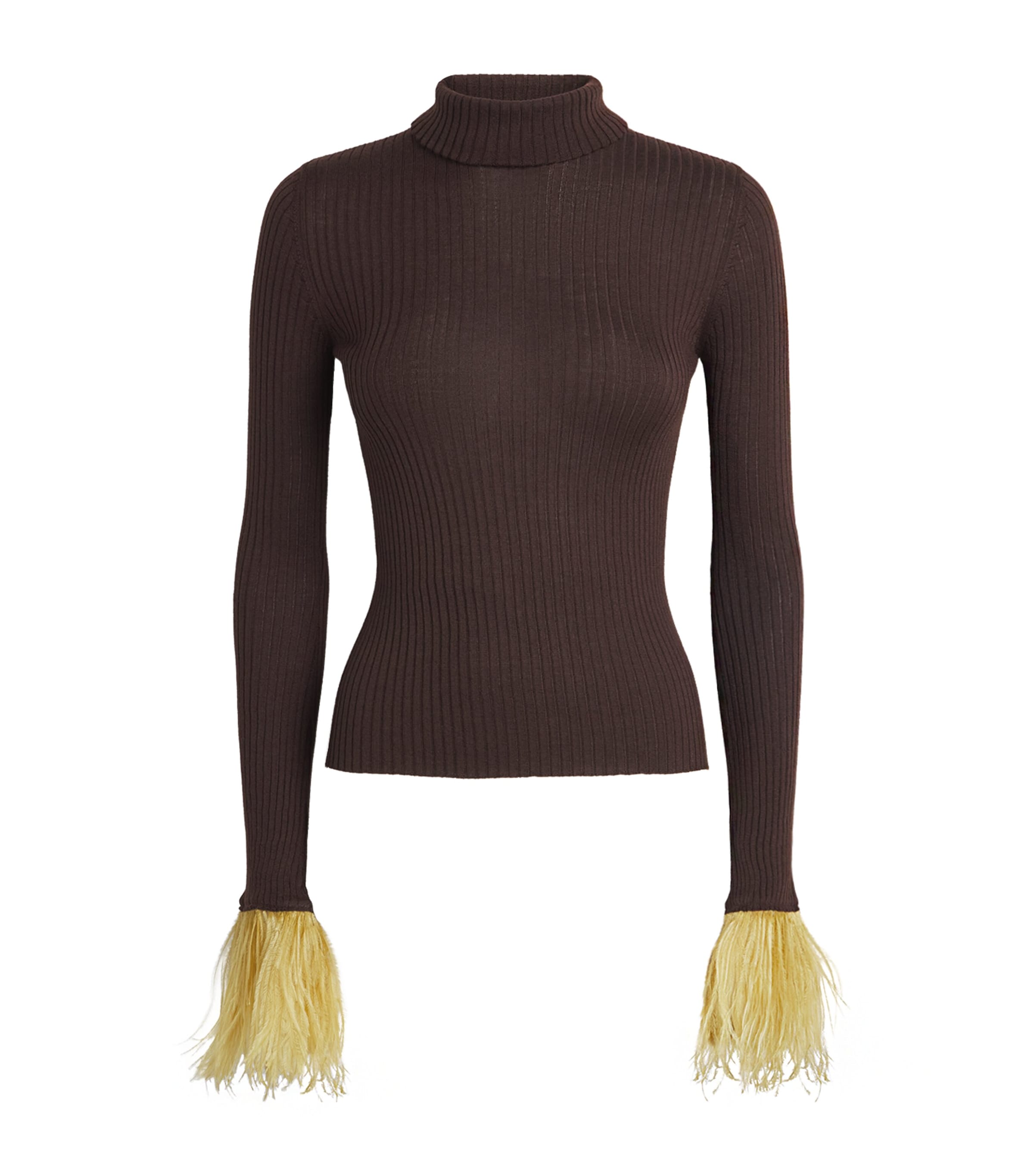 La Doublej Womens Cashmere-Silk Feather-Trim Sweater Solid Cocoa