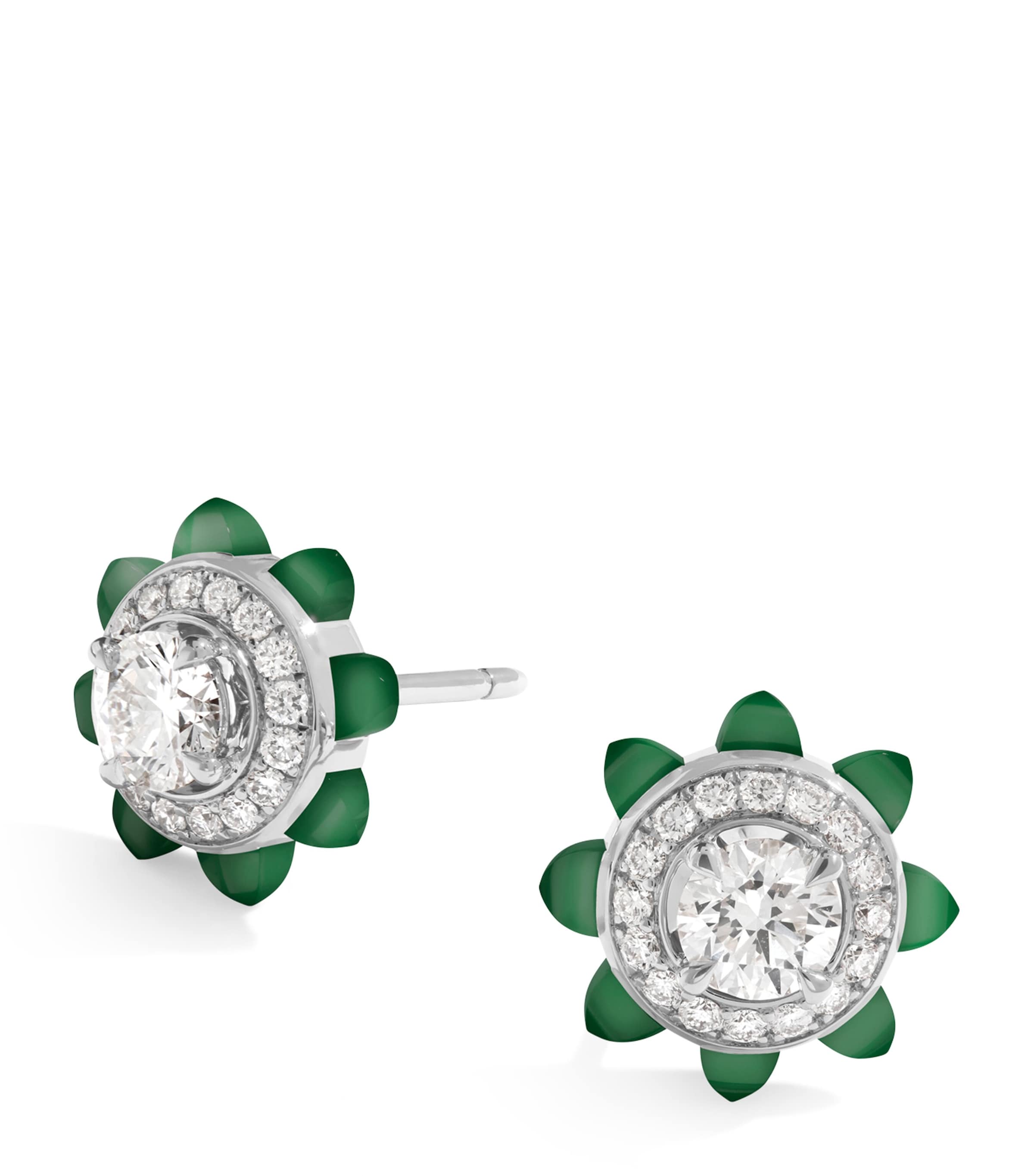 White Gold, Diamond and Green Agate Tip-Top Earrings