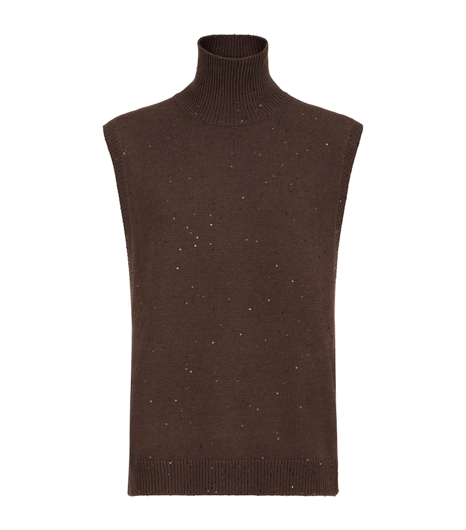 Brunello Cucinelli Womens Cashmere-Silk Embellished Sweater Vest Dark Brown