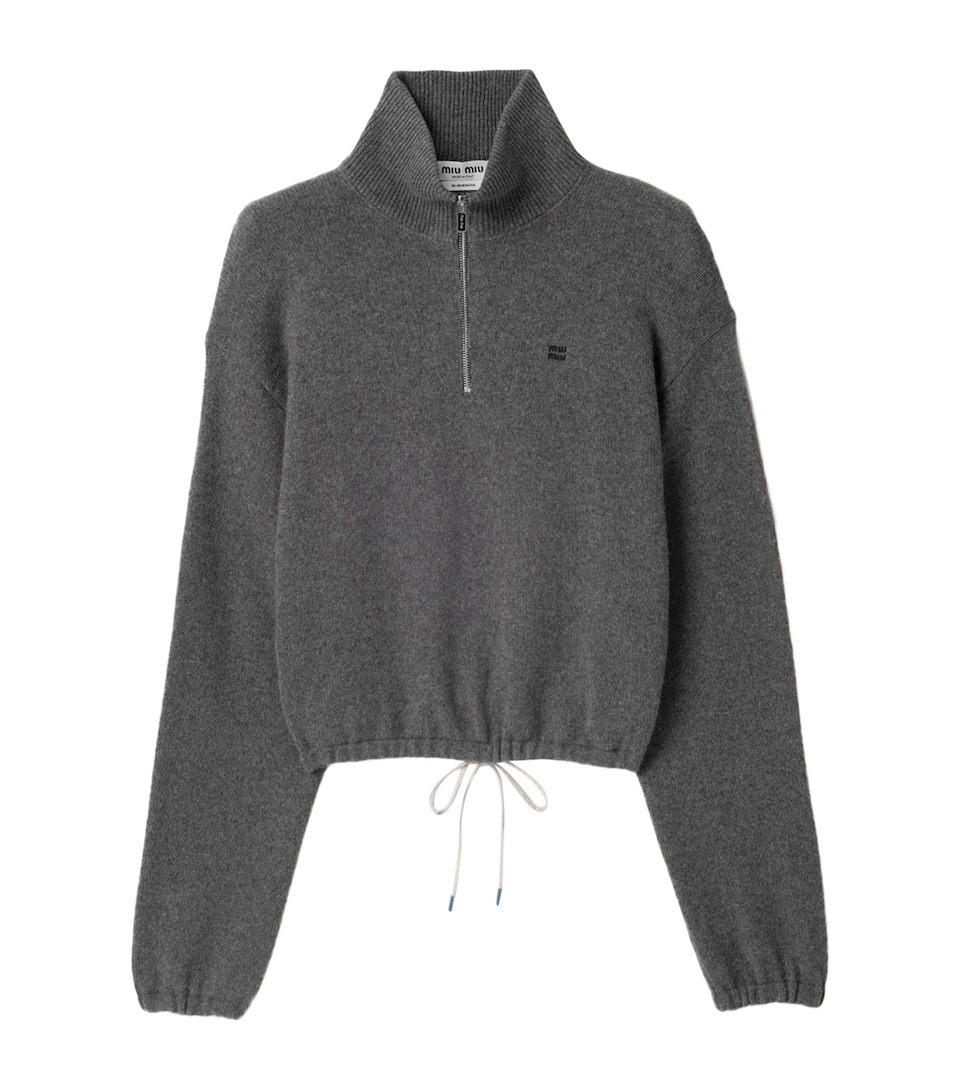 Miu Miu Womens Wool-Cashmere Quarter-Zip Sweater Grey