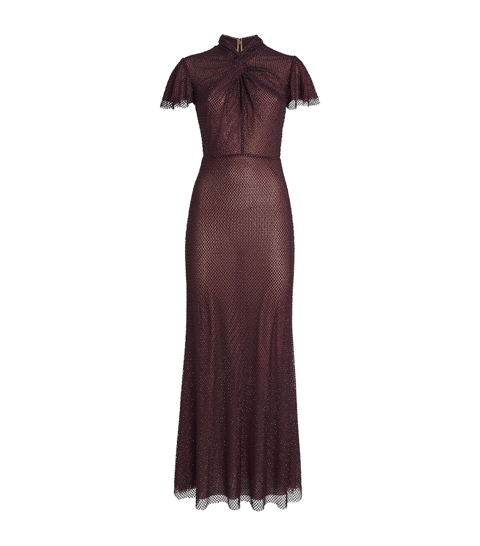 Self-Portrait Womens Rhinestone-Embellished Fishnet Midi Dress Burgundy