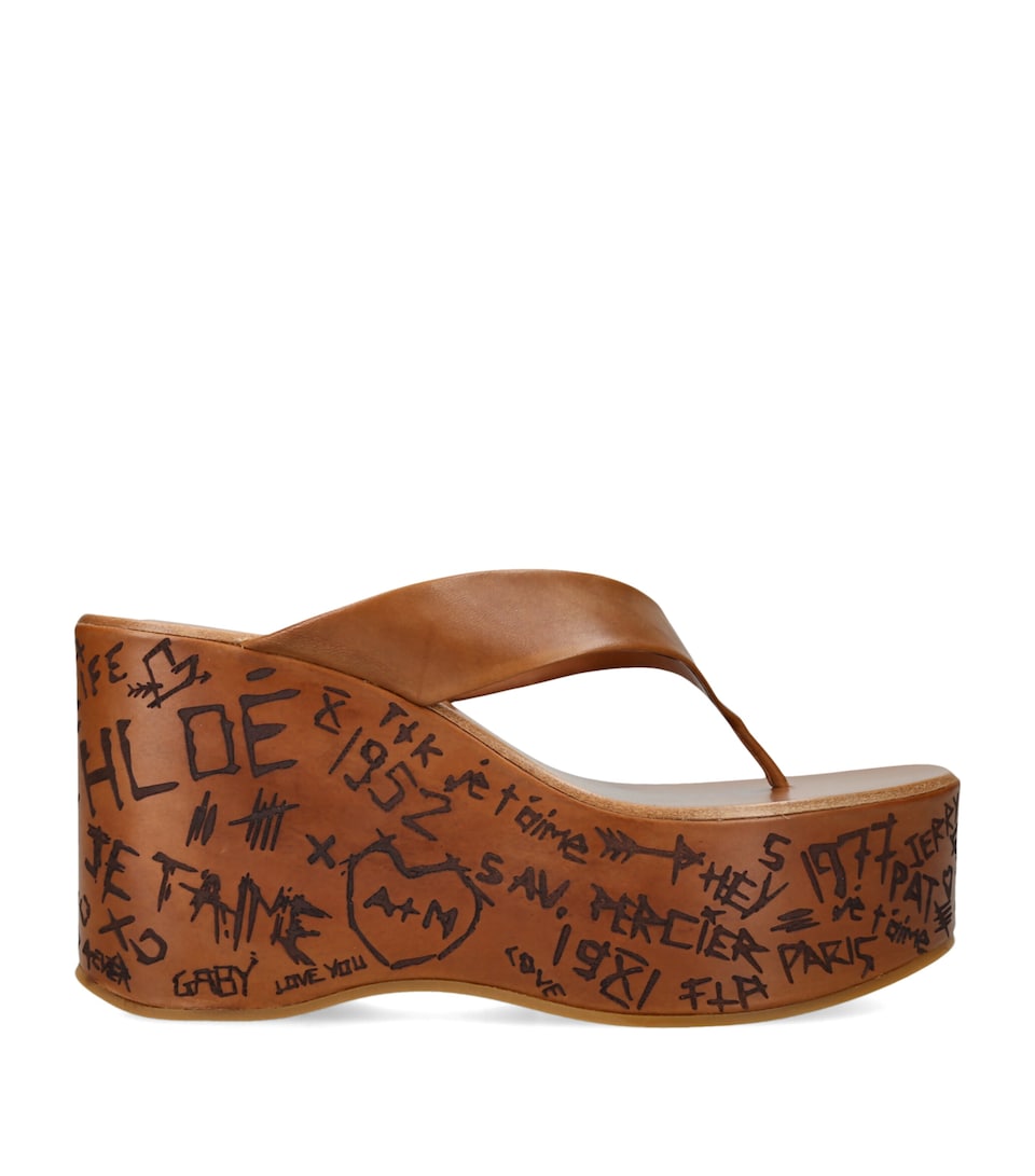 Chloé Leather Maxime Wedge Sandals 80 Mid Brown