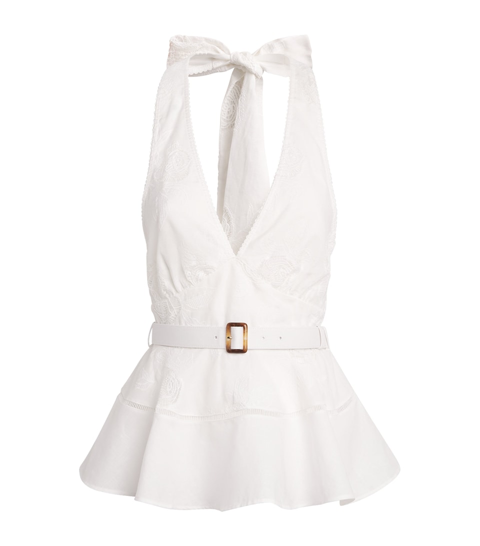 Self-Portrait Womens Linen-Cotton Peplum Top White