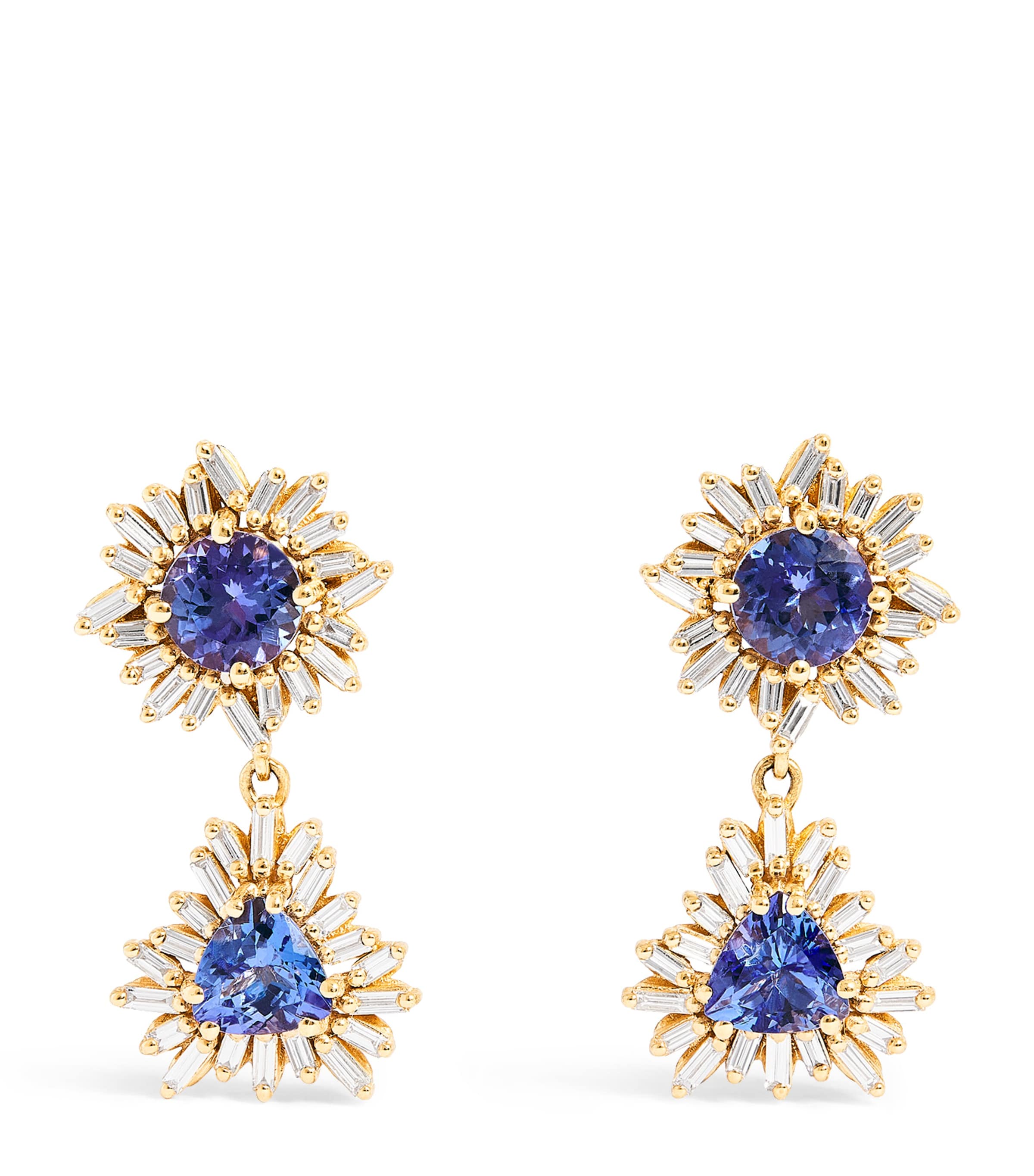 Yellow Gold, Diamond and Sapphire One of a Kind Drop Earrings