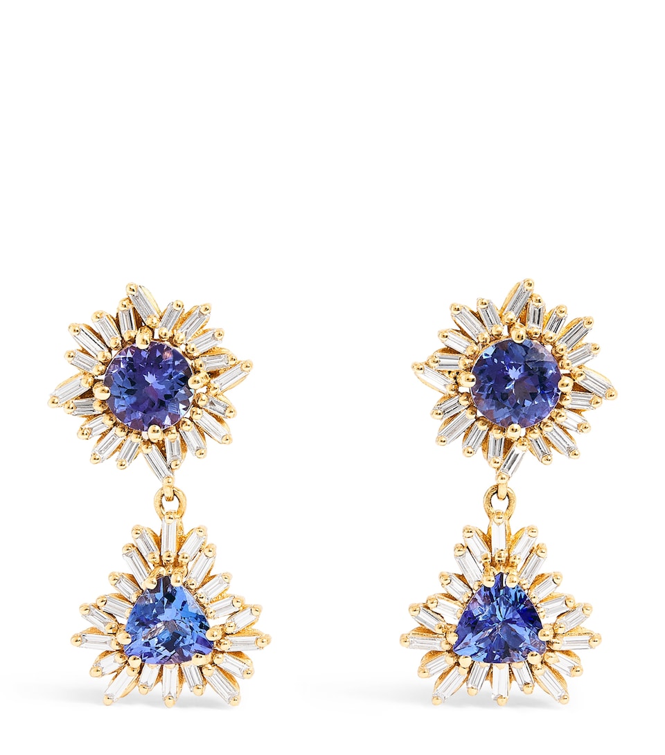 Yellow Gold, Diamond and Sapphire One of a Kind Drop Earrings