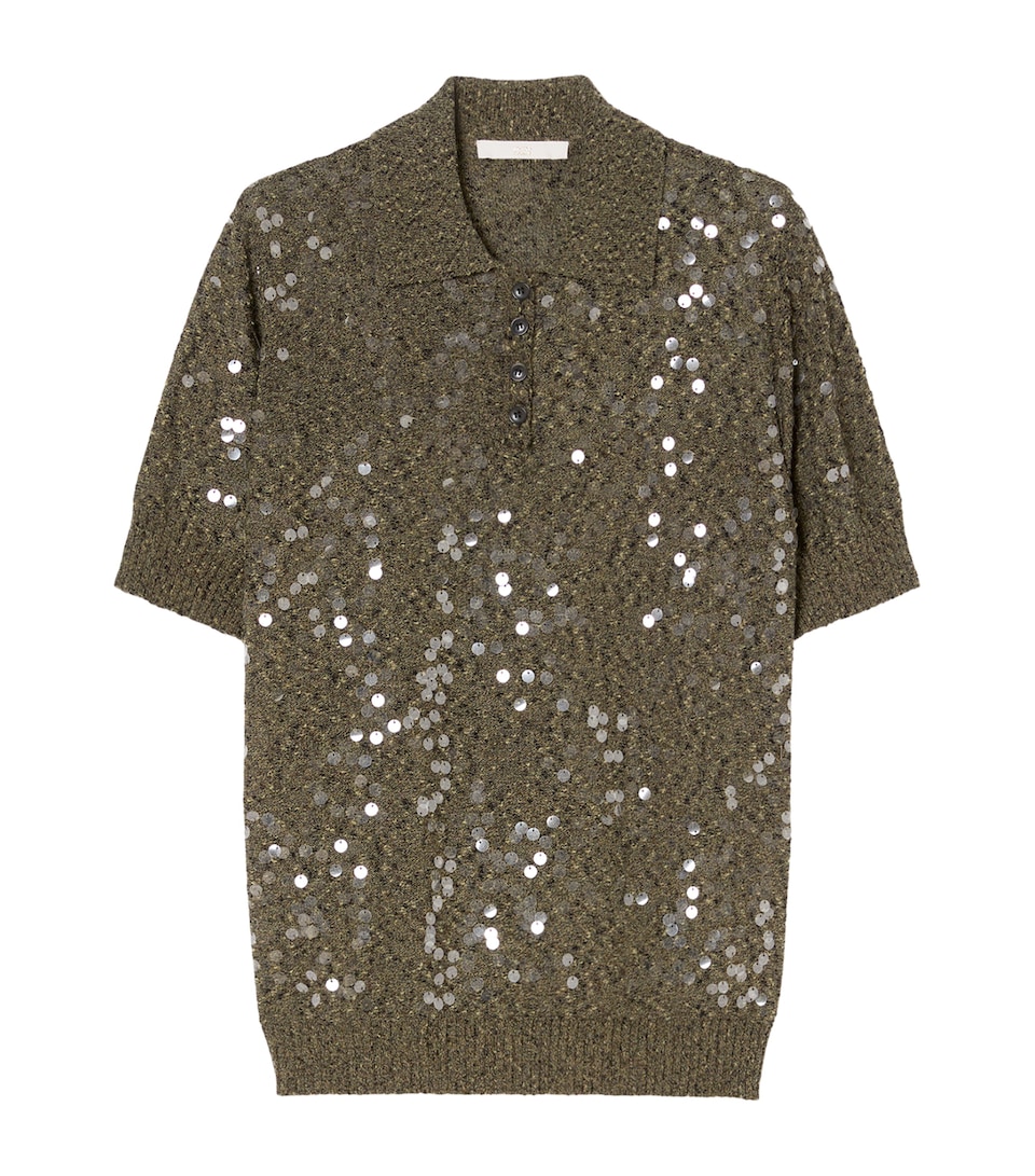 Marina Rinaldi Womens Sequin-Embellished Polo Sweater Kaki
