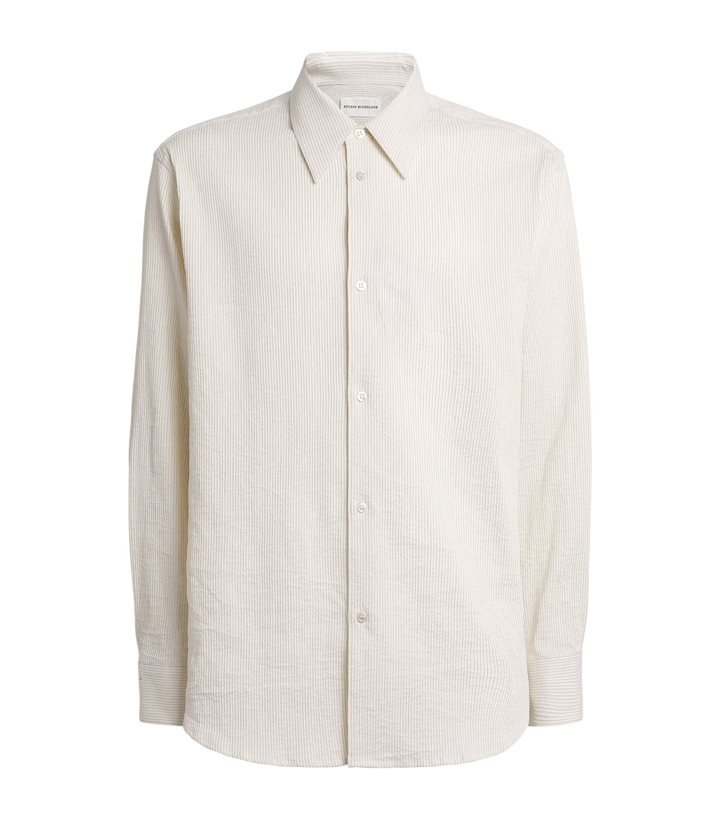Studio Nicholson Mens Cotton-Linen Seersucker Stripe Shirt Parchment / Blk Strp