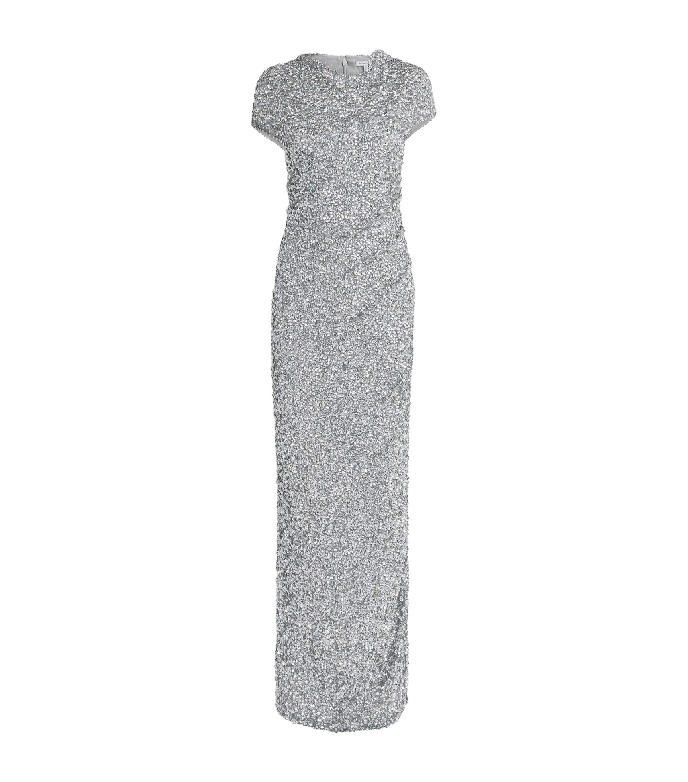 Rachel Gilbert Womens Metallic Embroidered Zayn Gown Silver