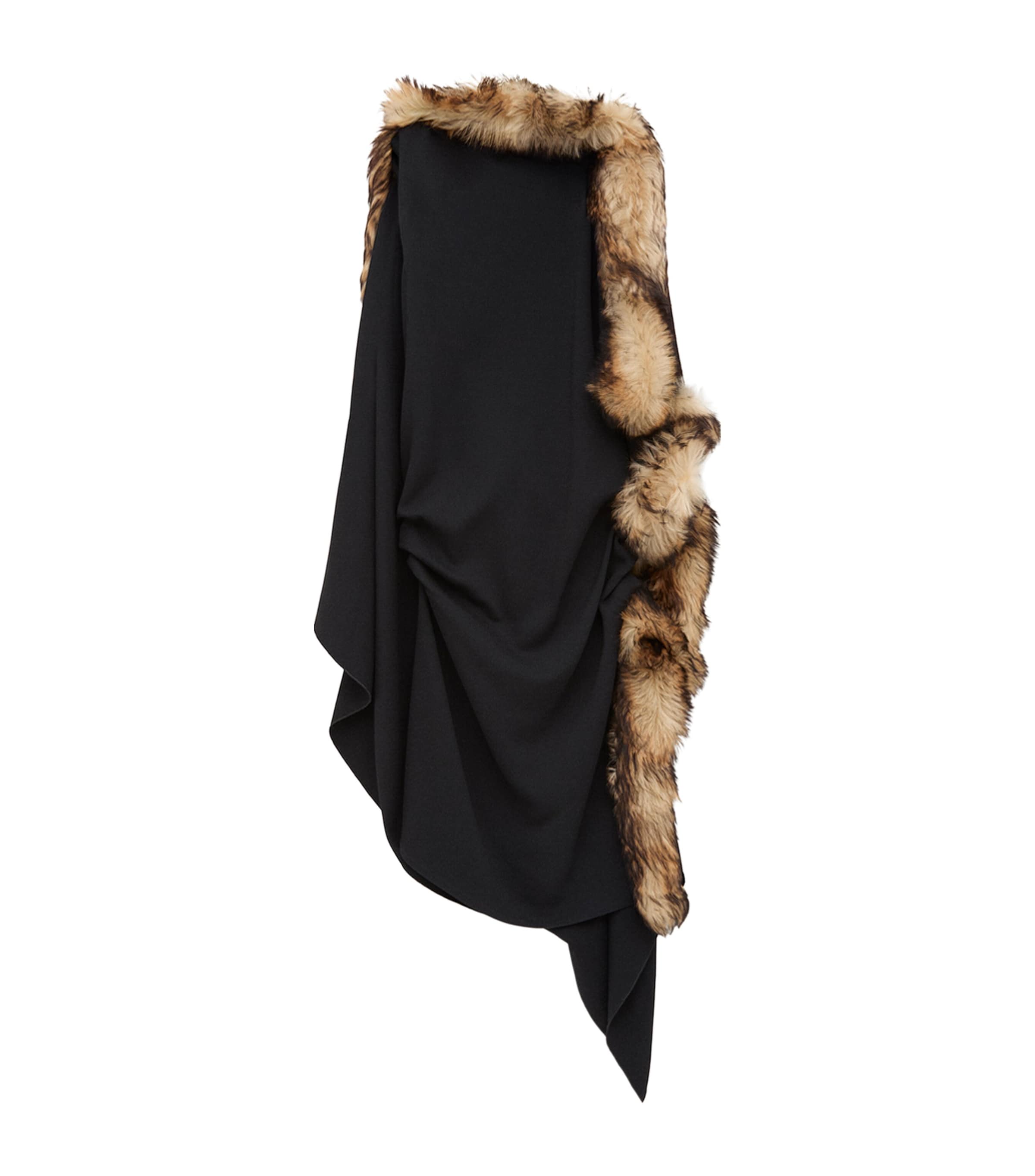 LOEWE Womens Draped Shearling-Trim Midi Dress Black