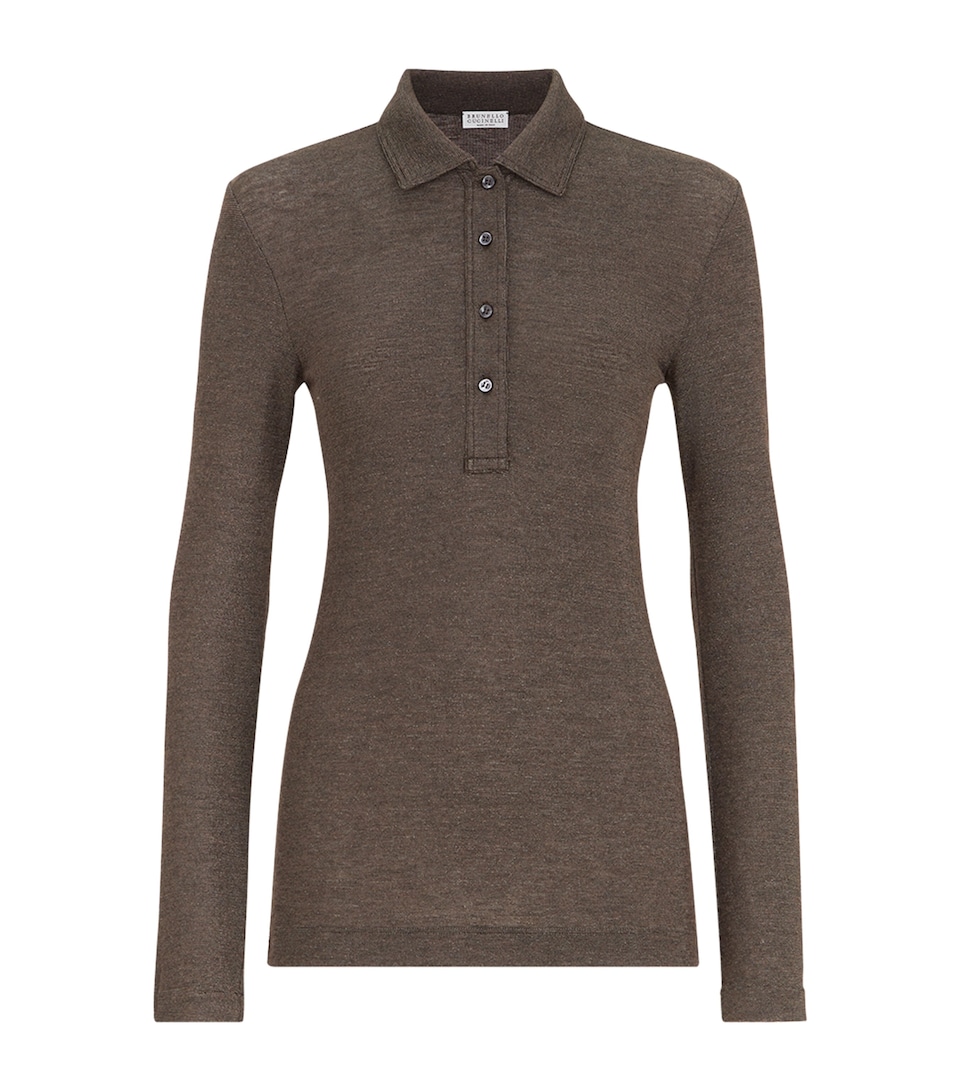 Brunello Cucinelli Womens Virgin Wool-Blend Sparkling Polo Shirt Marrone