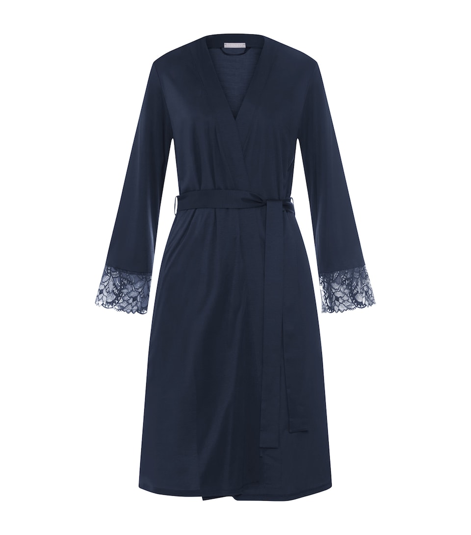 Hanro Womens Modal Lace-Trim Robe Deep Navy