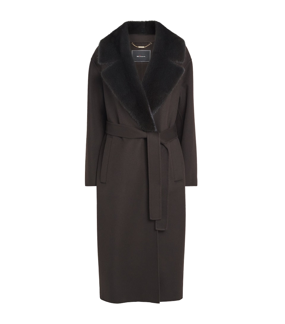 Kiton Womens Cashmere Mink-Lapel Wrap Coat Brown