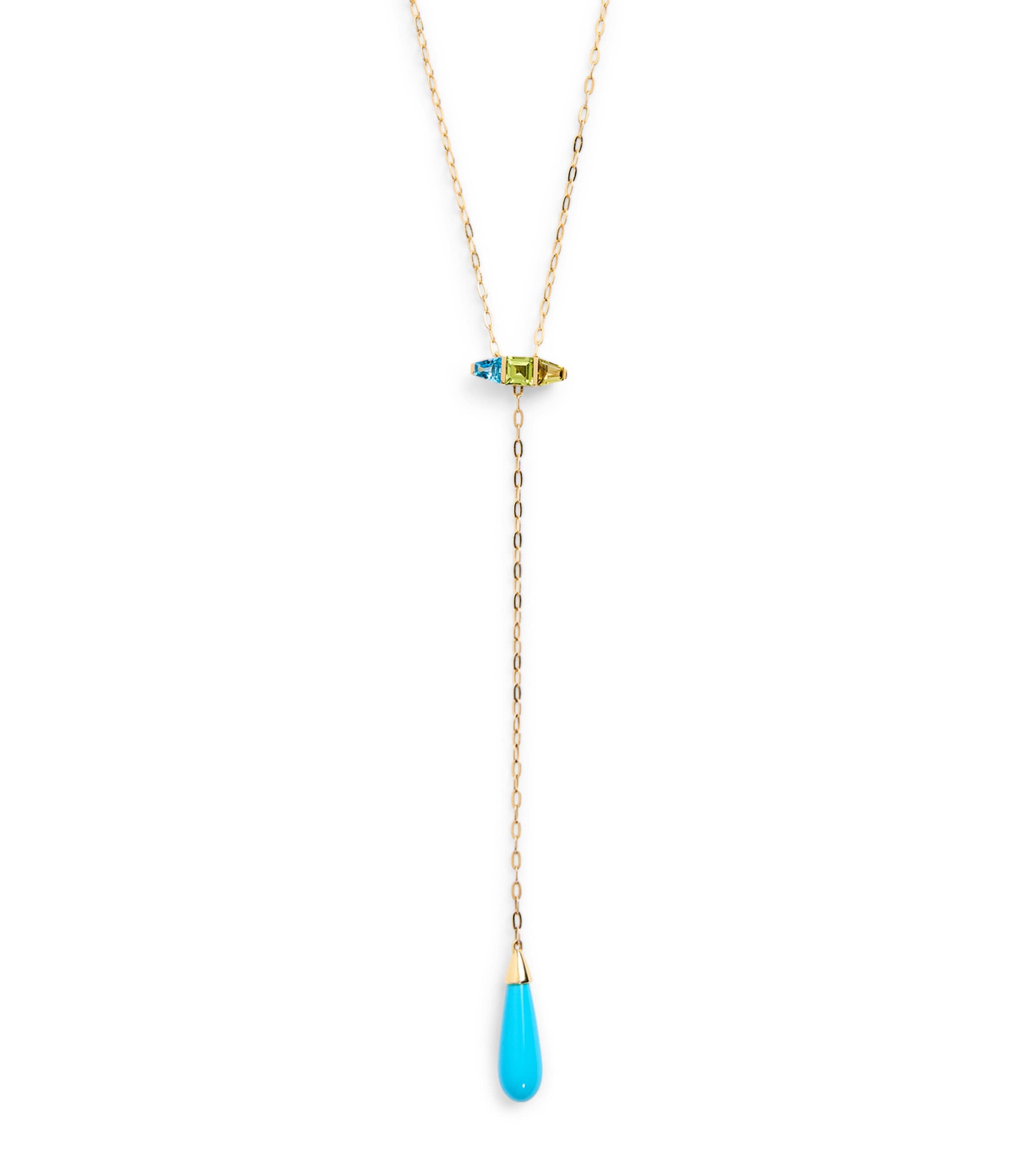 Yellow Gold, Topaz, Peridot, Tourmaline and Turquoise Helix Lariat Necklace