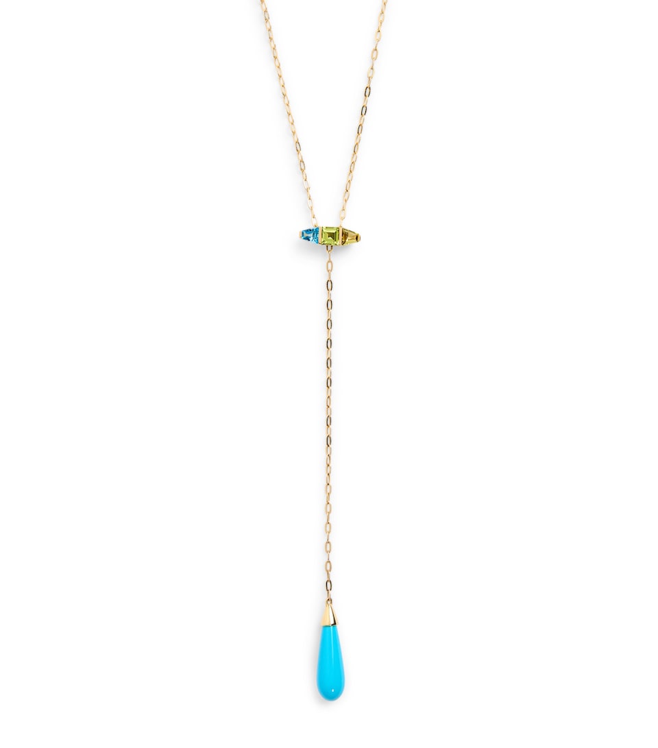 Yellow Gold, Topaz, Peridot, Tourmaline and Turquoise Helix Lariat Necklace
