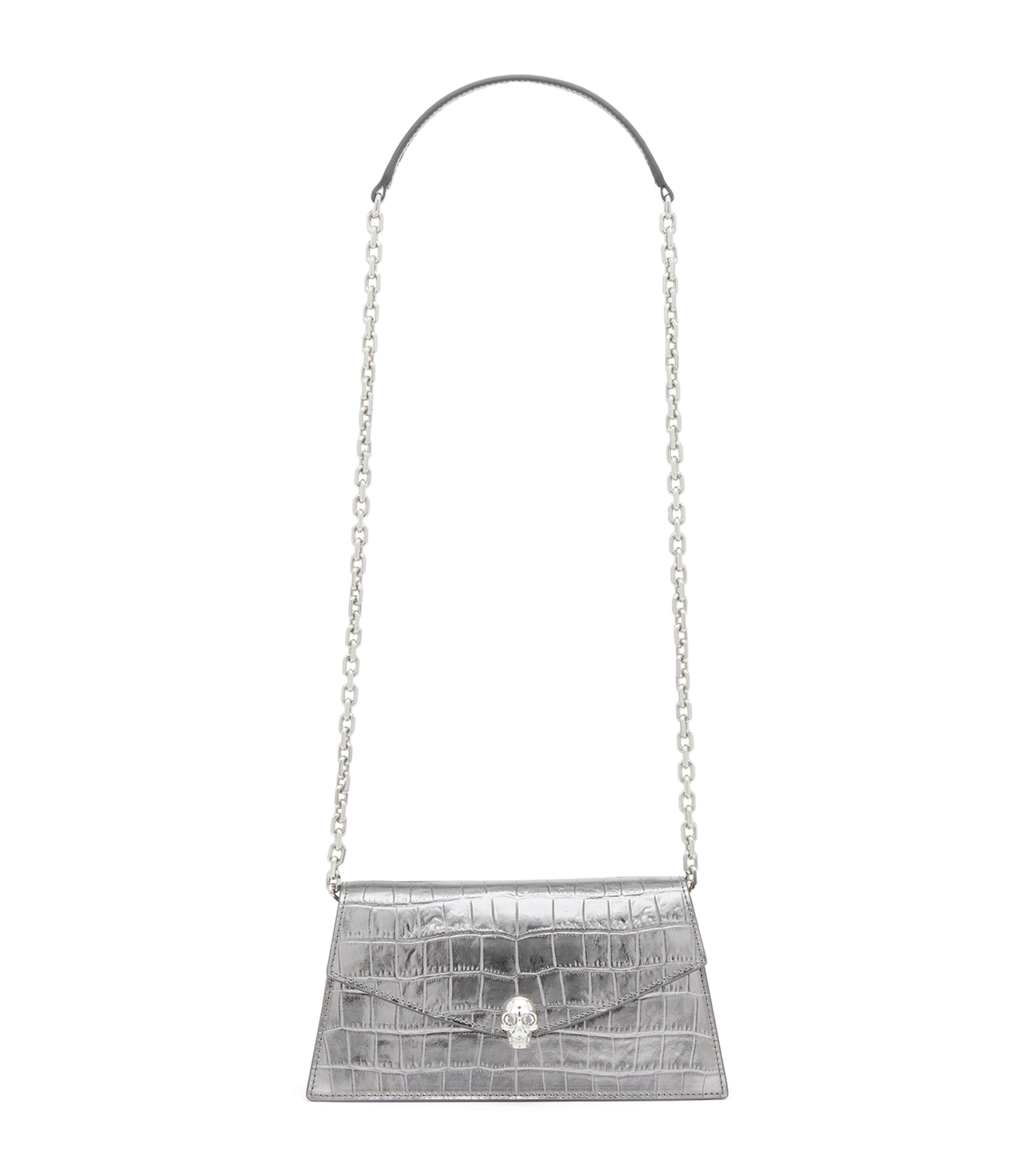 McQueen Mini Croc-Embossed Metallic Leather Skull Shoulder Bag