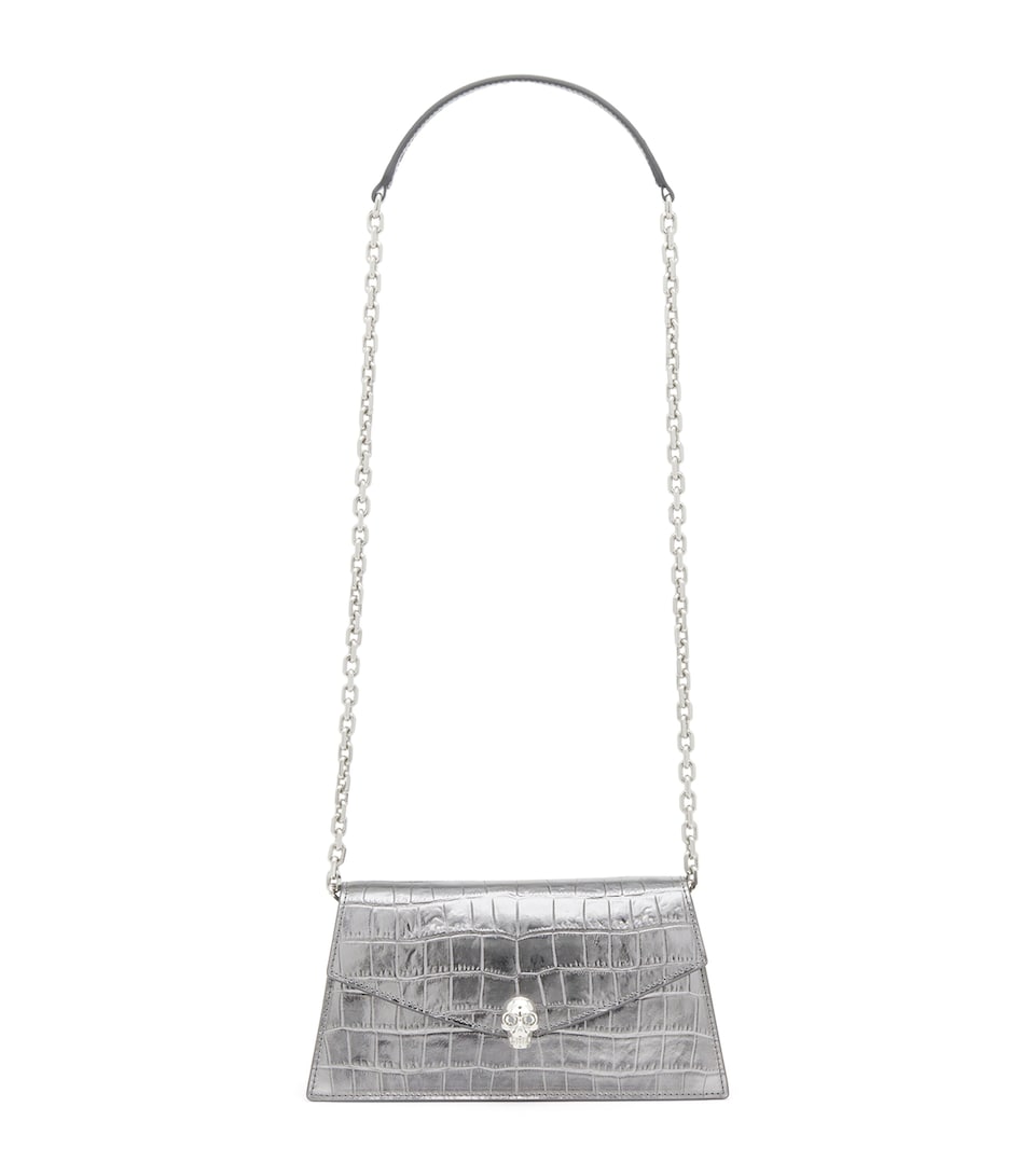 McQueen Mini Croc-Embossed Metallic Leather Skull Shoulder Bag