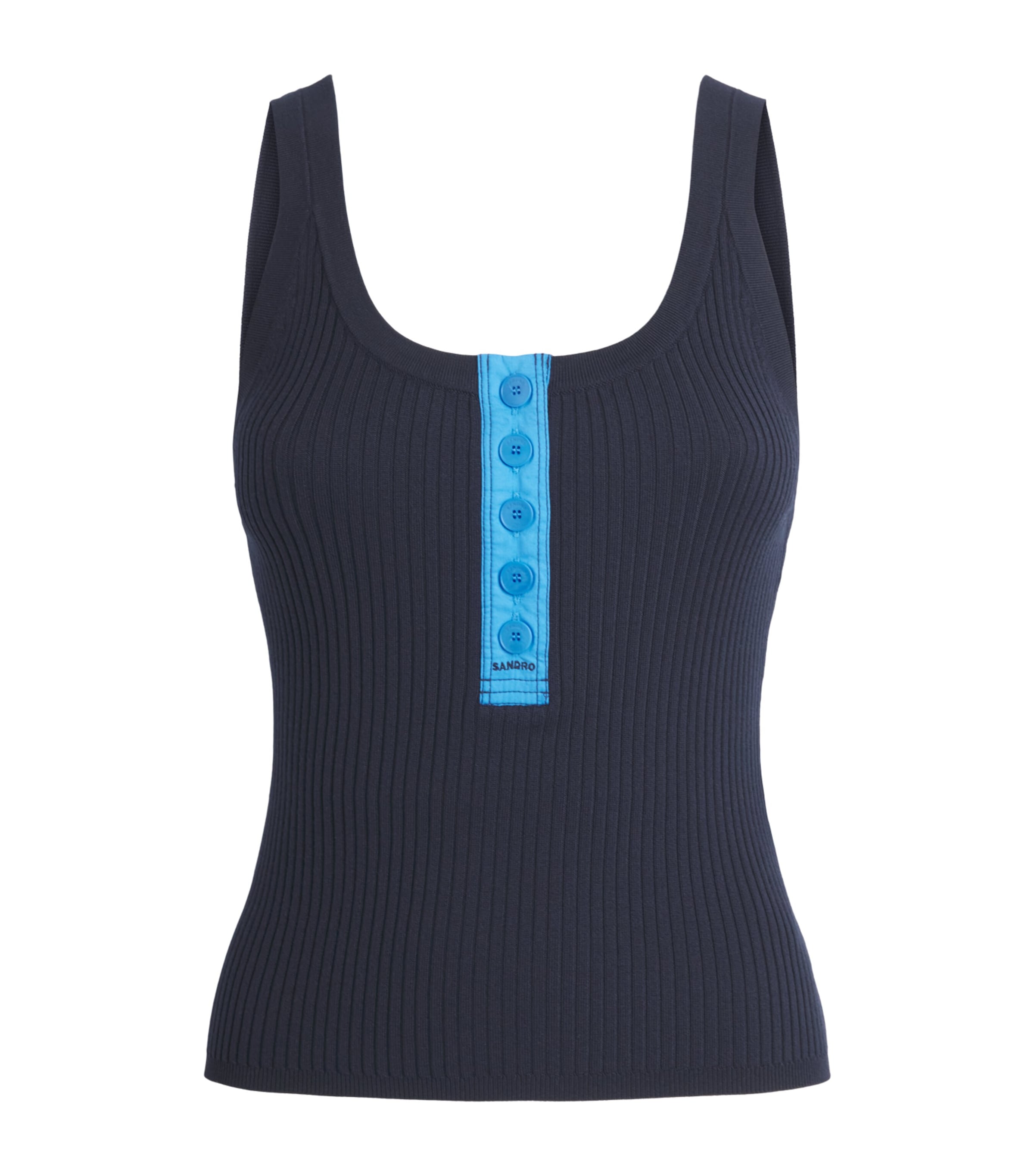 Sandro Paris Womens Rib-Knit Contrast-Placket Tank Top Navy Blue