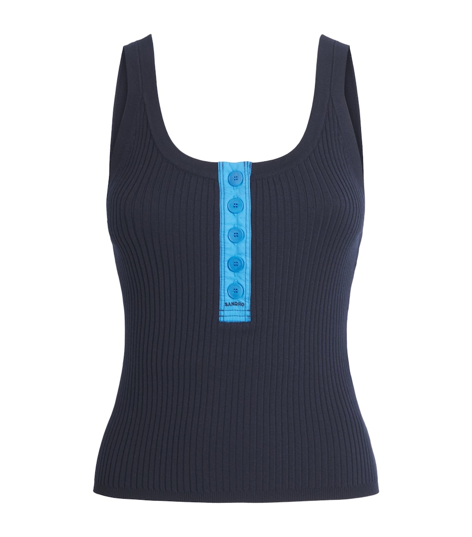Sandro Paris Womens Rib-Knit Contrast-Placket Tank Top Navy Blue