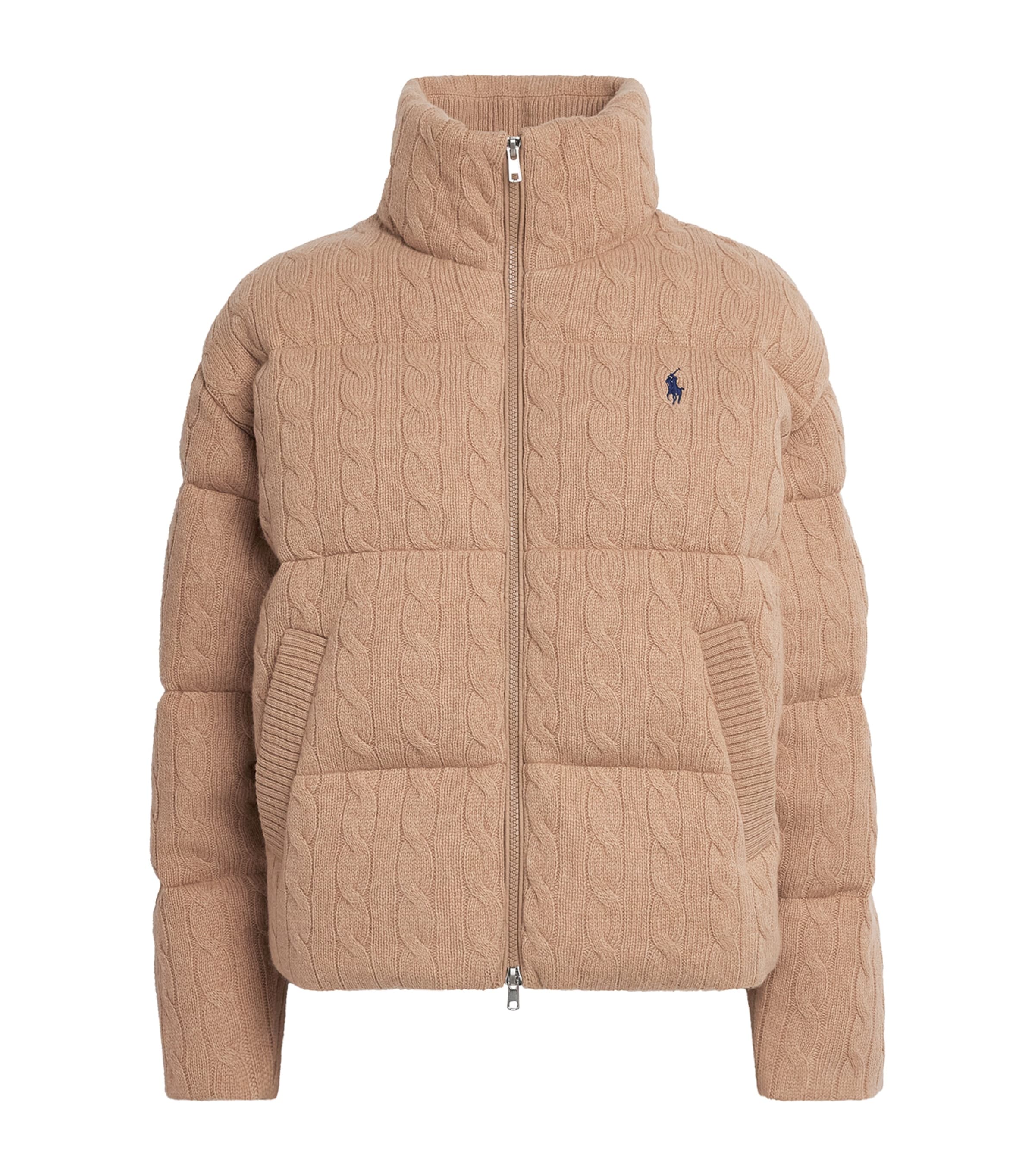 Polo Ralph Lauren Womens Wool-Cashmere Cable-Knit Bomber Jacket Cllection Camel Mlng