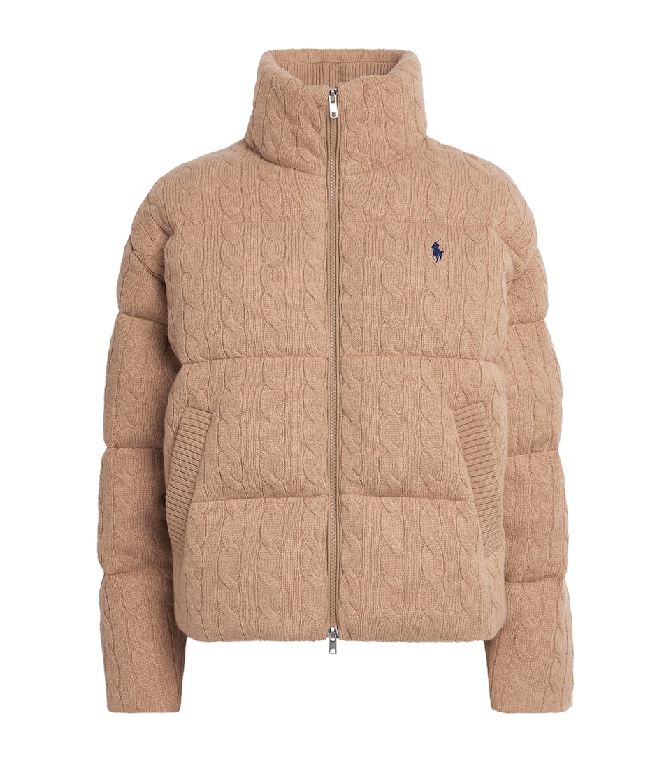 Polo Ralph Lauren Womens Wool-Cashmere Cable-Knit Bomber Jacket Cllection Camel Mlng