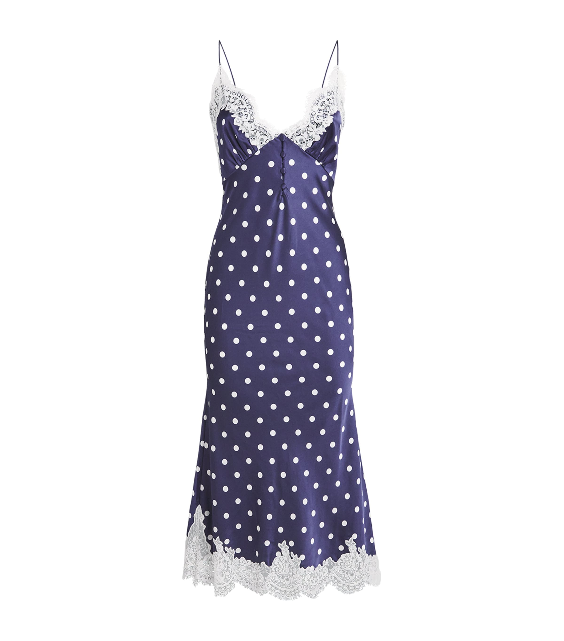 Self-Portrait Womens Satin Lace-Trim Polka-Dot Midi Dress Navy