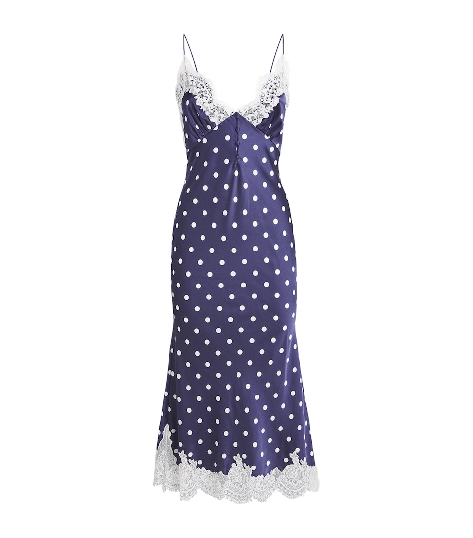 Self-Portrait Womens Satin Lace-Trim Polka-Dot Midi Dress Navy