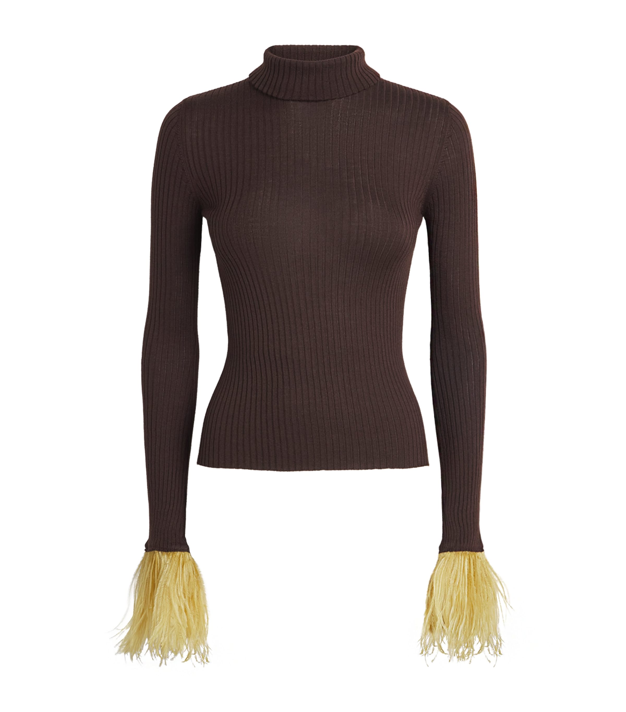 La Doublej Womens Cashmere-Silk Feather-Trim Sweater Solid Cocoa