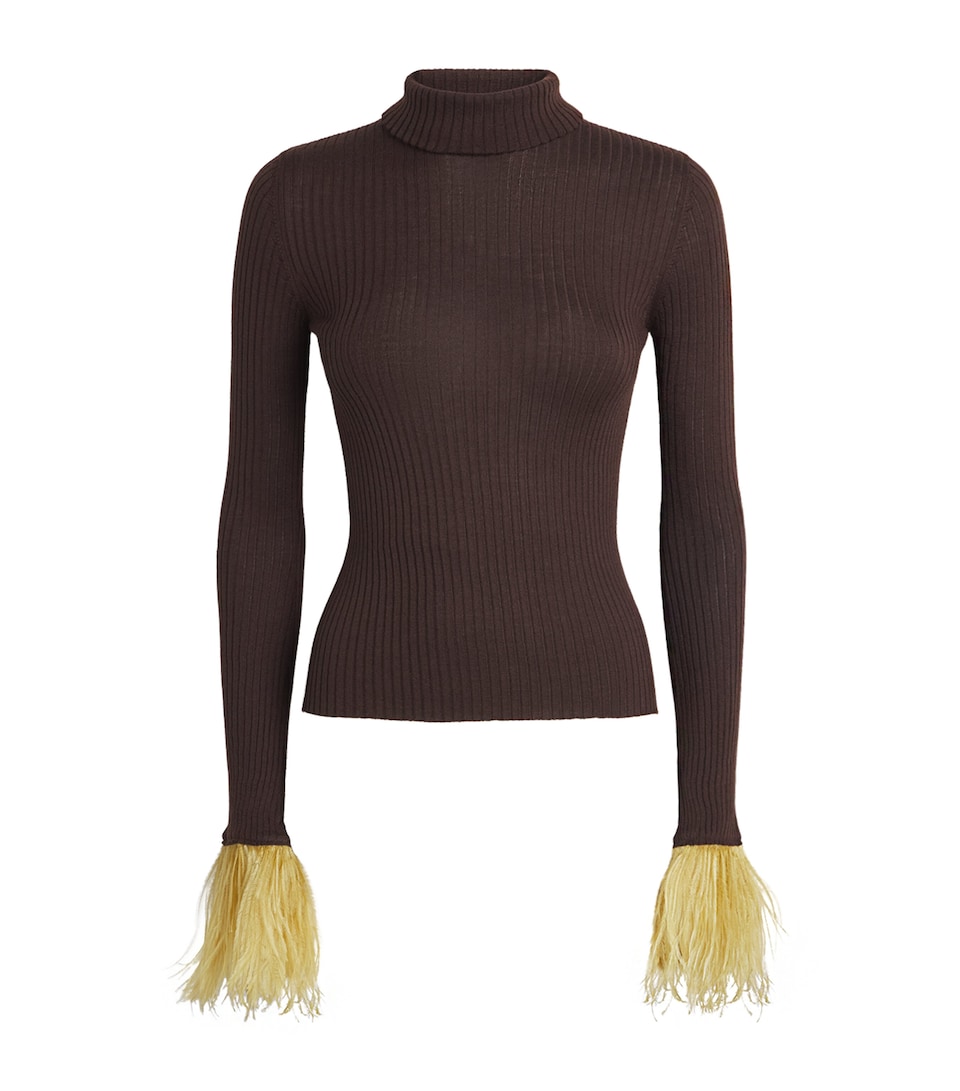 La Doublej Womens Cashmere-Silk Feather-Trim Sweater Solid Cocoa