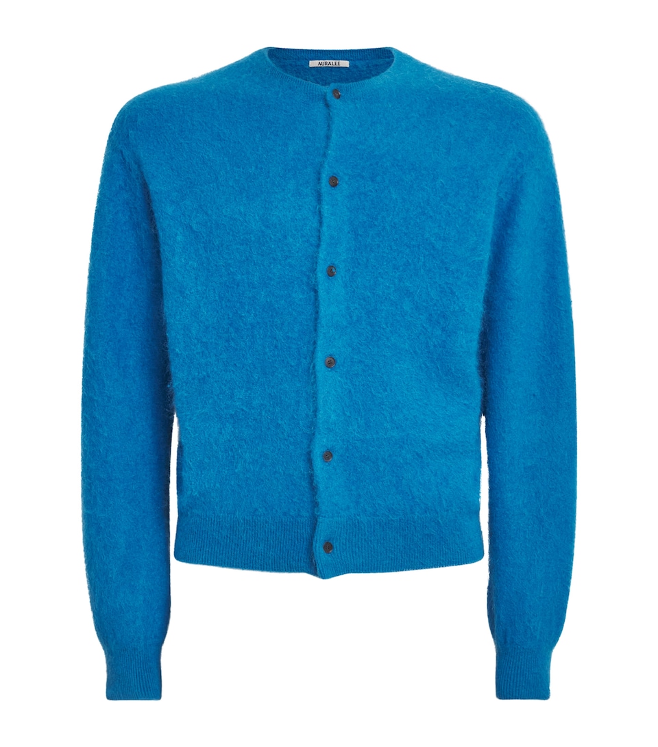Auralee Mens Alpaca Garment-Dyed Cardigan Blue