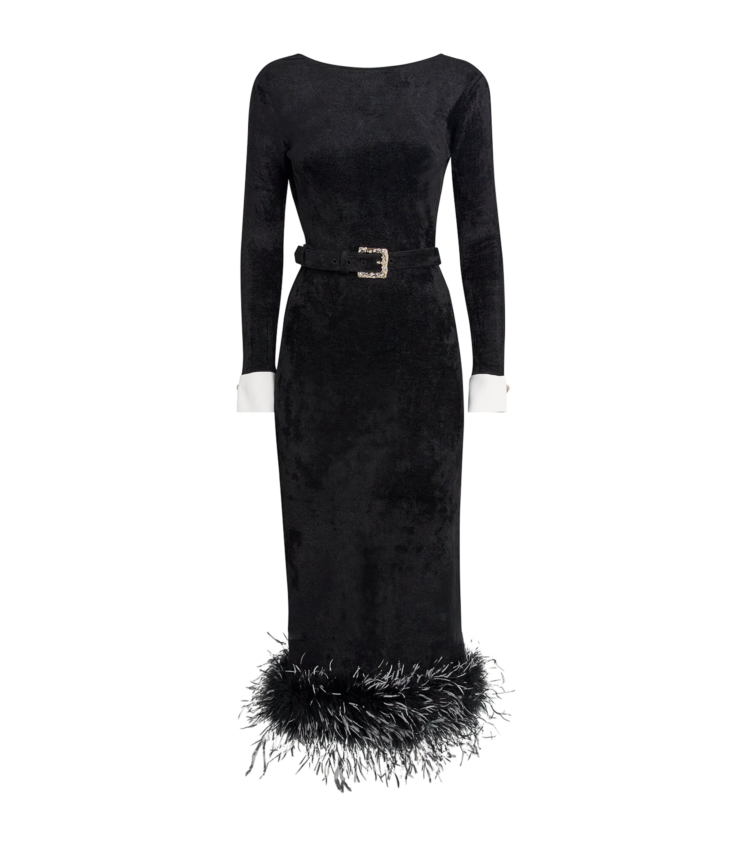 Self-Portrait Womens Chenille Feather-Trim Midi Dress Black