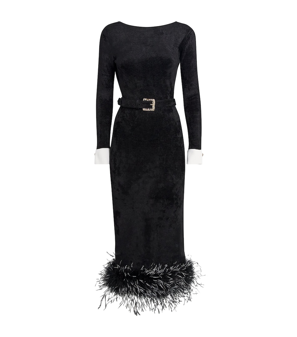 Self-Portrait Womens Chenille Feather-Trim Midi Dress Black
