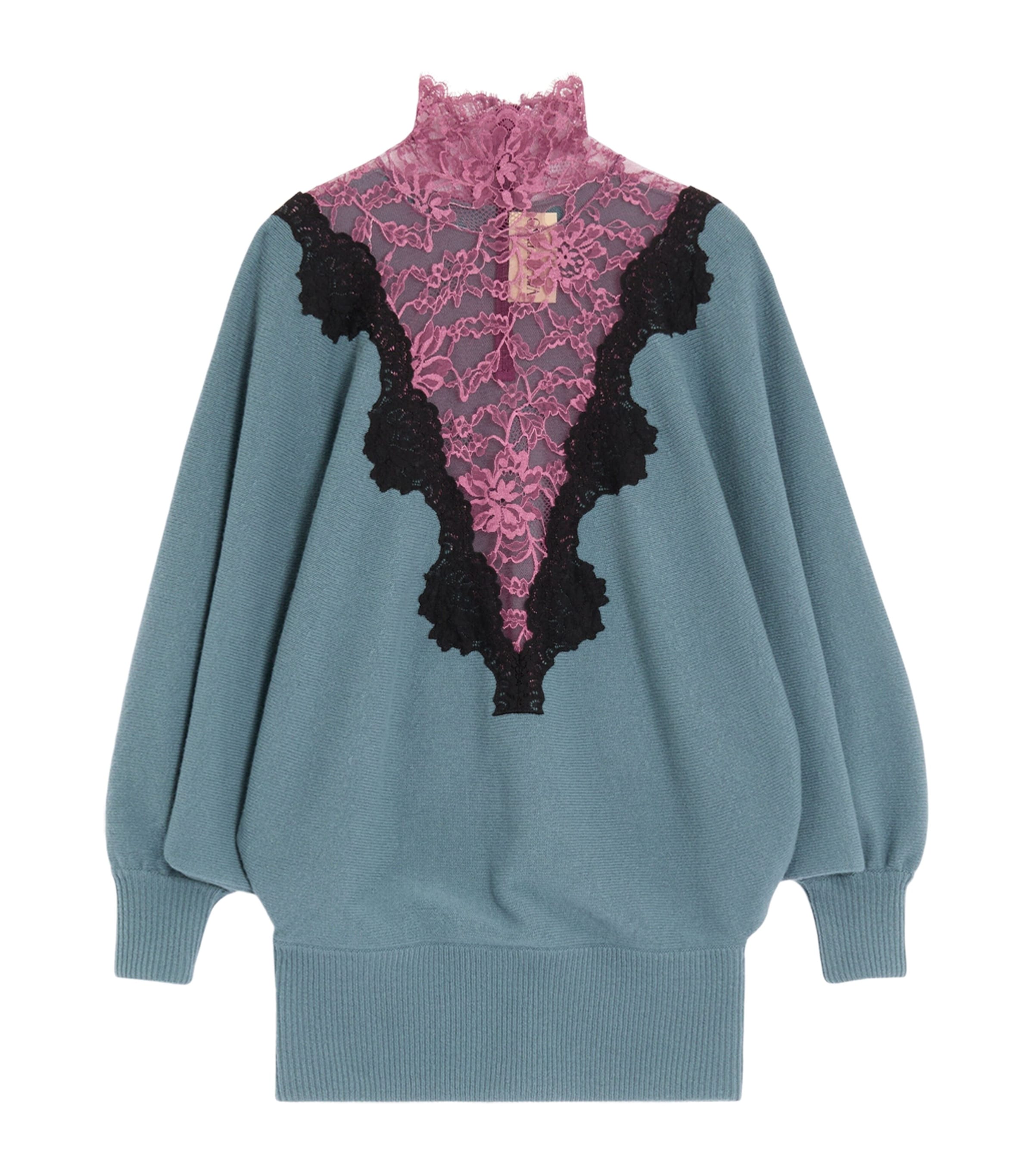 Valentino Womens Wool-Lace High-Neck Sweater