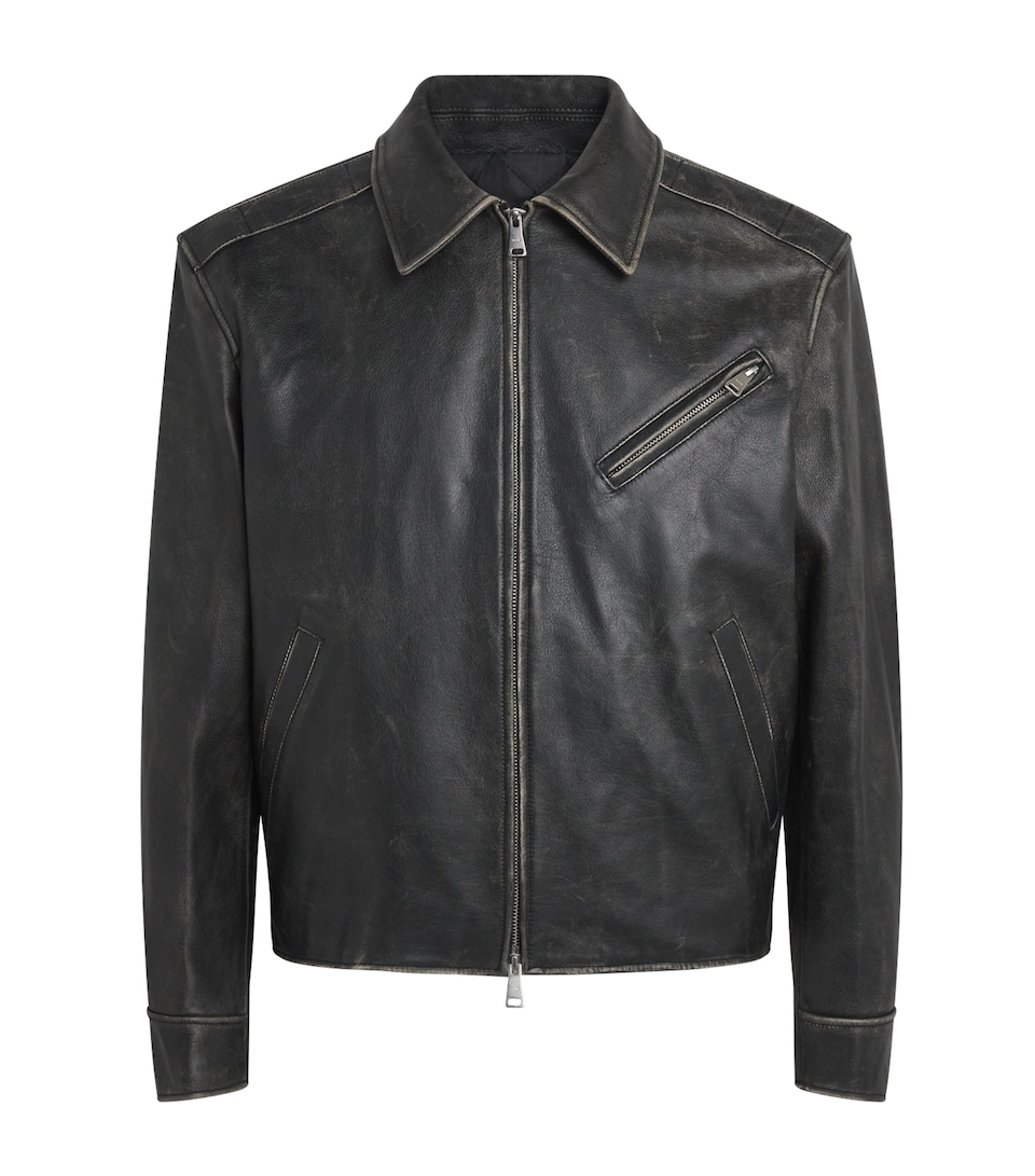 Coor Mens Washed-Leather Bomber Jacket Washed Black