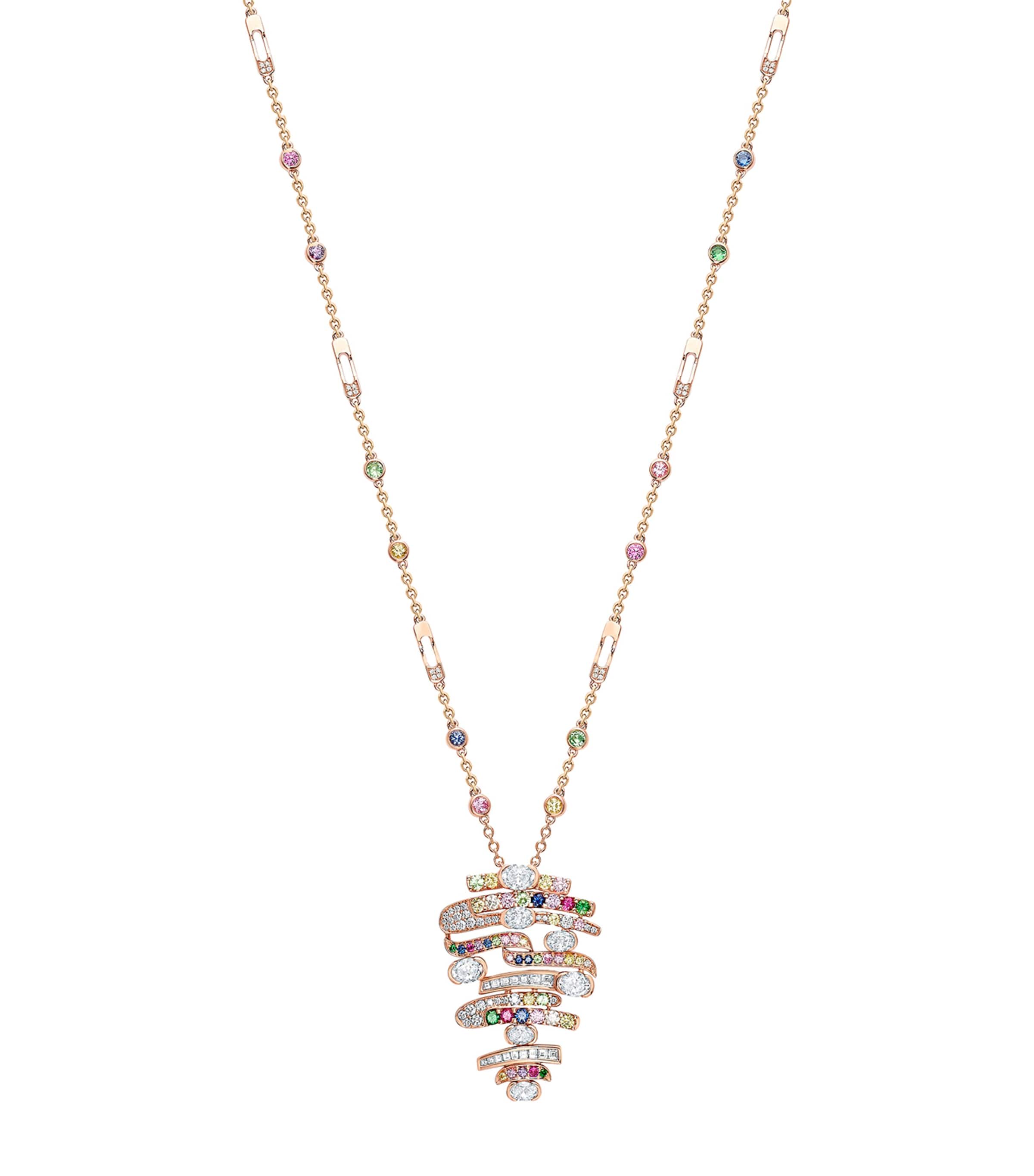 Boodles Rose Gold, Diamond, Sapphire, Ruby and Tsavorite Play of Light Chelsea Pendant Necklace Rose Gold