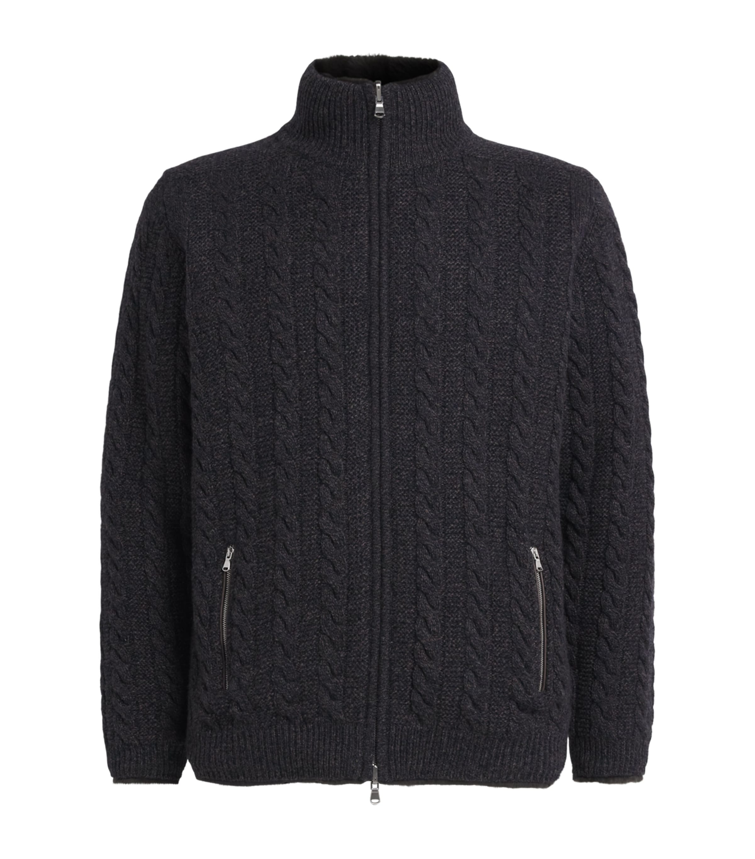 Cashmere Rex Fur-Trim Cable-Knit Aspen Cardigan