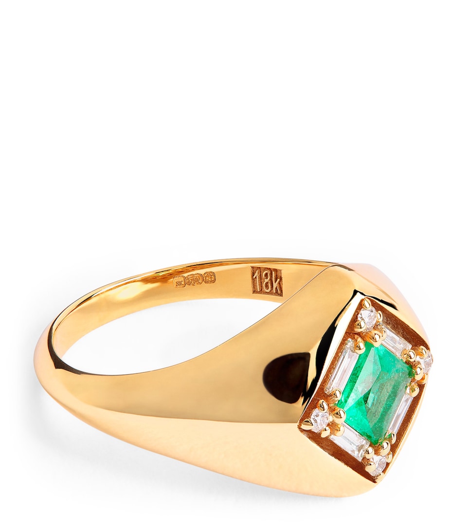 Yellow Gold, Diamond and Emerald Princess Diamond Signet Ring (Size 4.5)