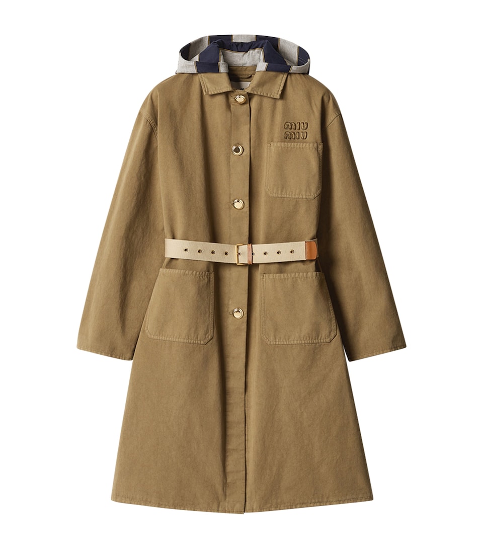 Miu Miu Womens Gabardine Hooded Trench Coat Neutral
